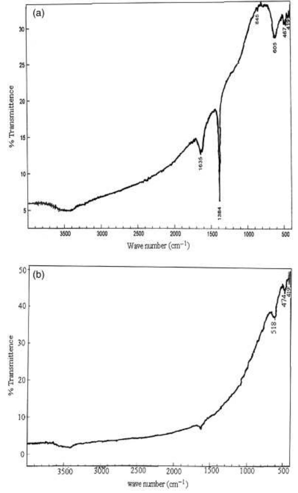 Fig.4. (a) Infrared spectrum of an unannealed sample of strontium hexaferrite Sr,Nin7Fe;202. and (b) Infrared spectrum of an annealed sample of doped strontium hexaferrite Sr2Nip.2Mny.gFe;).4Cro.6O22, showing peak shifts.  The vibrational spectrum of Y-type hexaferrites is closely related to that of the spinel ferrites. This may be due to the presence of an S block and the absence of a trigonal bipyramidal site in both types of ferrites.°” The FTIR spectrum of an unannealed sample (Fig. 4(a)) shows two dominant peaks due to the -COOH group (1635 cm!) and NO3' ions (1384 cm~'), respectively. However, 