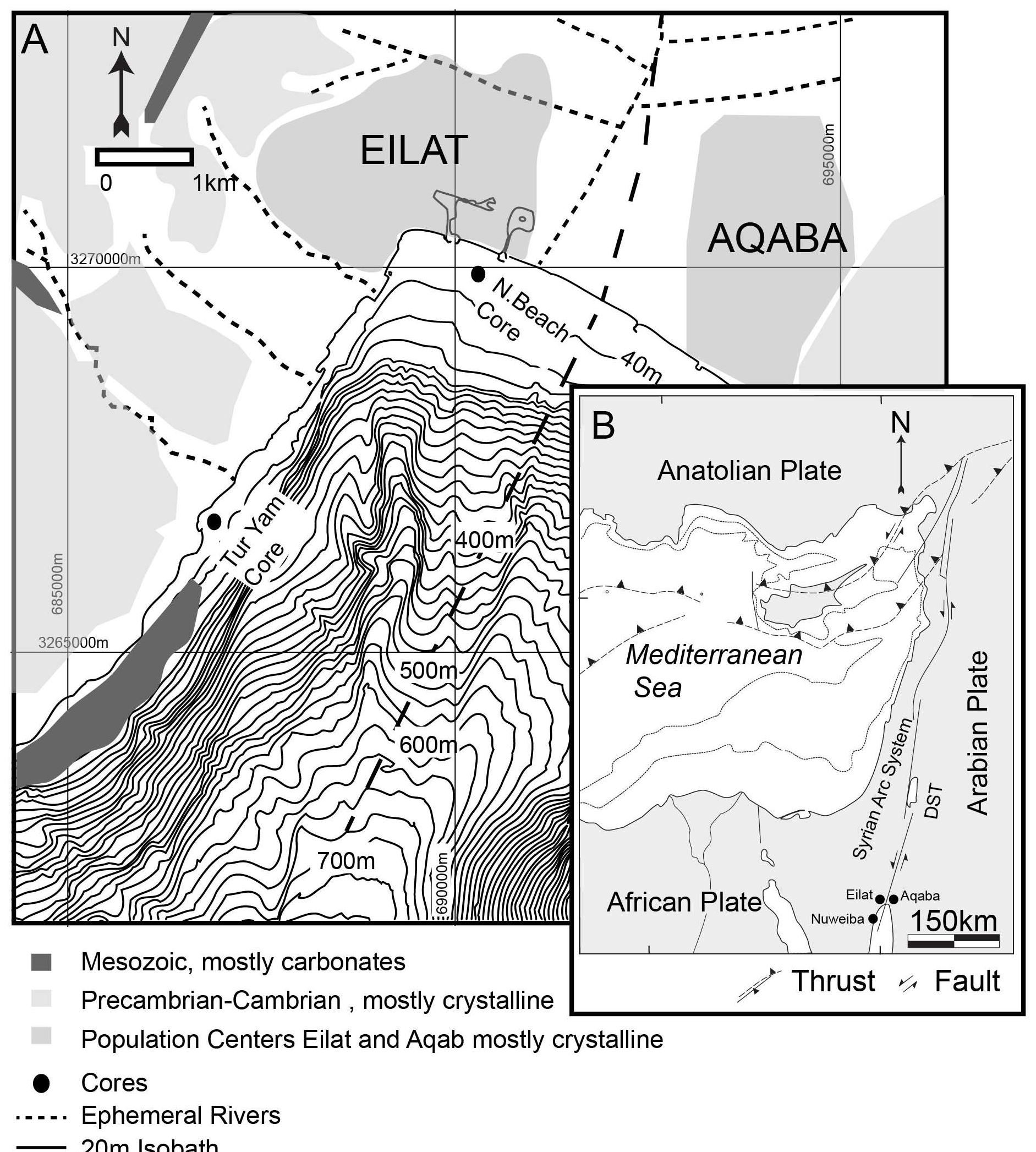 Fig 2. Maps of research site and surrounding areas. a) Site Map (adapted from Tibor et al., 2010), b) Regional Map (adapted from Freund et al., 1970, Garfunkel et al., 1981; Ben-Avraham, Z., 1985).’DST’ = Dead Sea Transform System. 