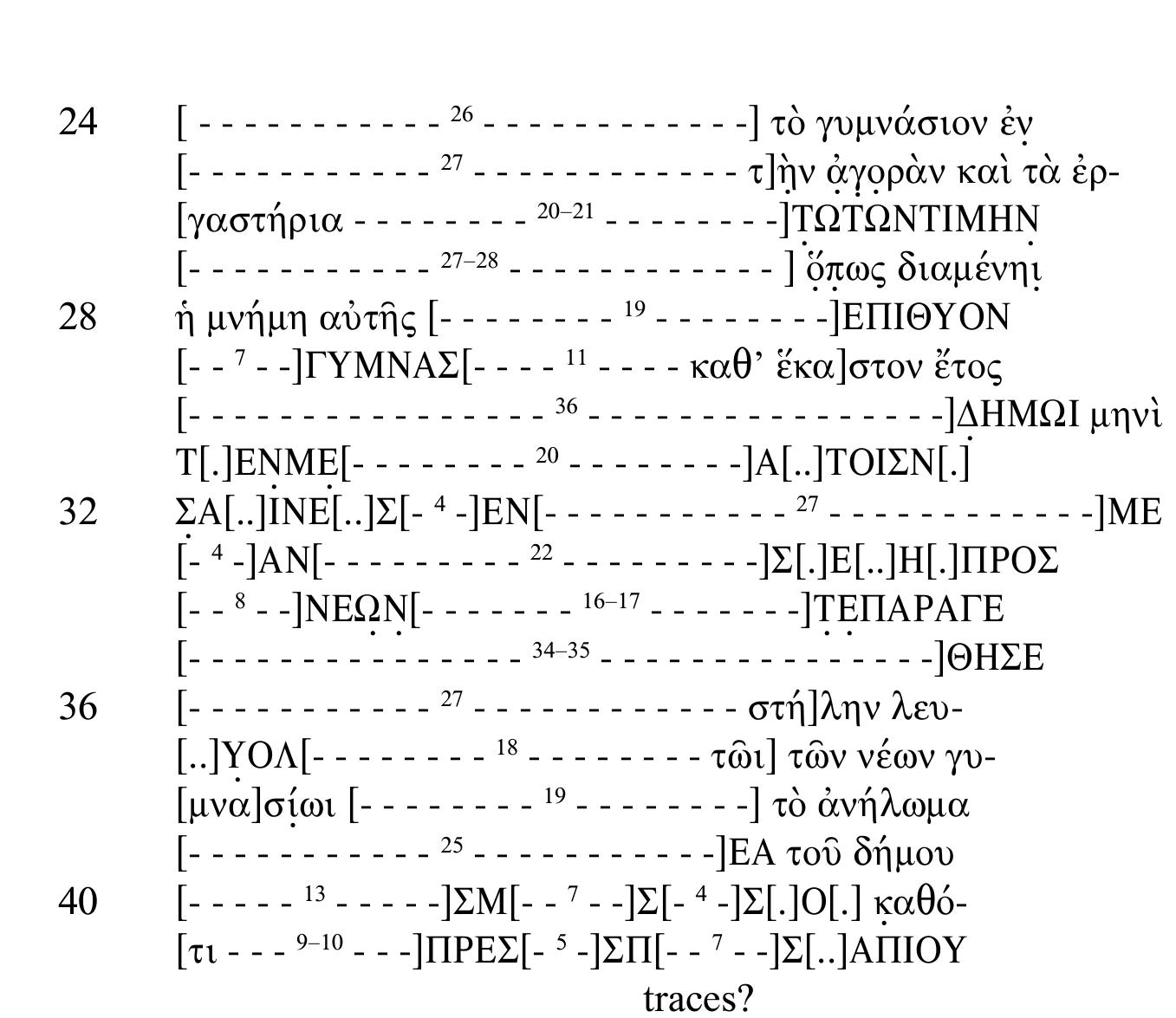 ee et ees as  7 navtoc, evvotat, ed. pr. Il 9 ---] A[---], ed. pr. Il 10 [.JAZ, ed. pr.; ---]A[..]N, ed. ém61do0de, ed. pr. Il 12 TIPOX[.JA[---, ed. pr.; ---|TA npototépevos, ed. pr. Il 13 ---JENZQ[...JANTA, ed. pr. Il 14 ---]  AIATAL....J ye &vaotpollerv  tis, Thonemann II 20-21 yeylovétwv [.JE[..], ed. pr.  ,ed. pr.; tic] Eavt0d &vactpolleric  pr. and Thonemann Il 23 [---, ed. pr.; ---ZANTAY,  1126 ---JQTQ ---|A[... TOILE ed. pr. ll 37 [ko stone reads A |  TIMH, ed. pr. Il 28 [---, ed. pr. Il 29  yle[vInuévos, ed. pr. Il 15 ---]IZOY vac.?, ed. pr. ll 16 mpdc] 66€ay, 1  ed. pr. Il 24 76 youvéorov E[1-2 --- kad’ Exaotlov étoc, ed. pr. |  [-], ed. pr. Il 32 [---]ME, ed. pr. Il 33 [---]E[..] THN ITPOX, ed. pr. II 34 [- Dd AiBov Koi otijoat év tH] TOV [Vv  39 --- tod] Sjpov, ed. pr. Il 40 [---  Z[....|AOO, ed. pr. Il 41 [---JE[...JA  gov yv-, ed. pr. Il 38 [uvacion --  pr. Il 11 tote év T[---, ed. pr.; ---]  Thonemann II 17-18 tiv] Eavtod  , Thonemann Il 19 JZ[..|MAXIAX ti, ed. pr., [ot éxijo[n]uacias ; yeylovétov [(2)é]& [évl[t@v], Thonemann II 22 tov¢ noA]itac, ed.  , ed. pr. ll 25 thv &]yopcy, ed. pr. 30 tH] Shuai Nvi, ed. pr. Il 31 --]ALJATE, ed. pr. II 35 ---]JOEZE, -]2 16 dvi(A)ouc, ed. pr. but the [IOY, ed. pr.  