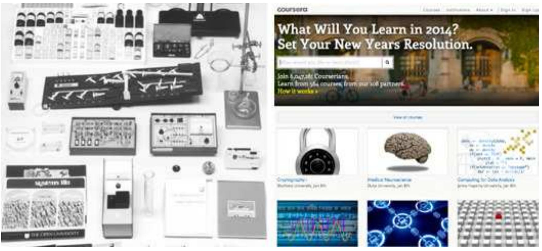 Left: Open University, Home Experiment Kit, ca. 1976. [Image via Open University.] Right:  Coursera website, with listings of Massive Open Online Courses.   Vil. My eighteen minutes are up — no standing ovation tc follow. 