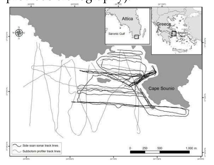Map showing the side scan sonar (black colour) and the