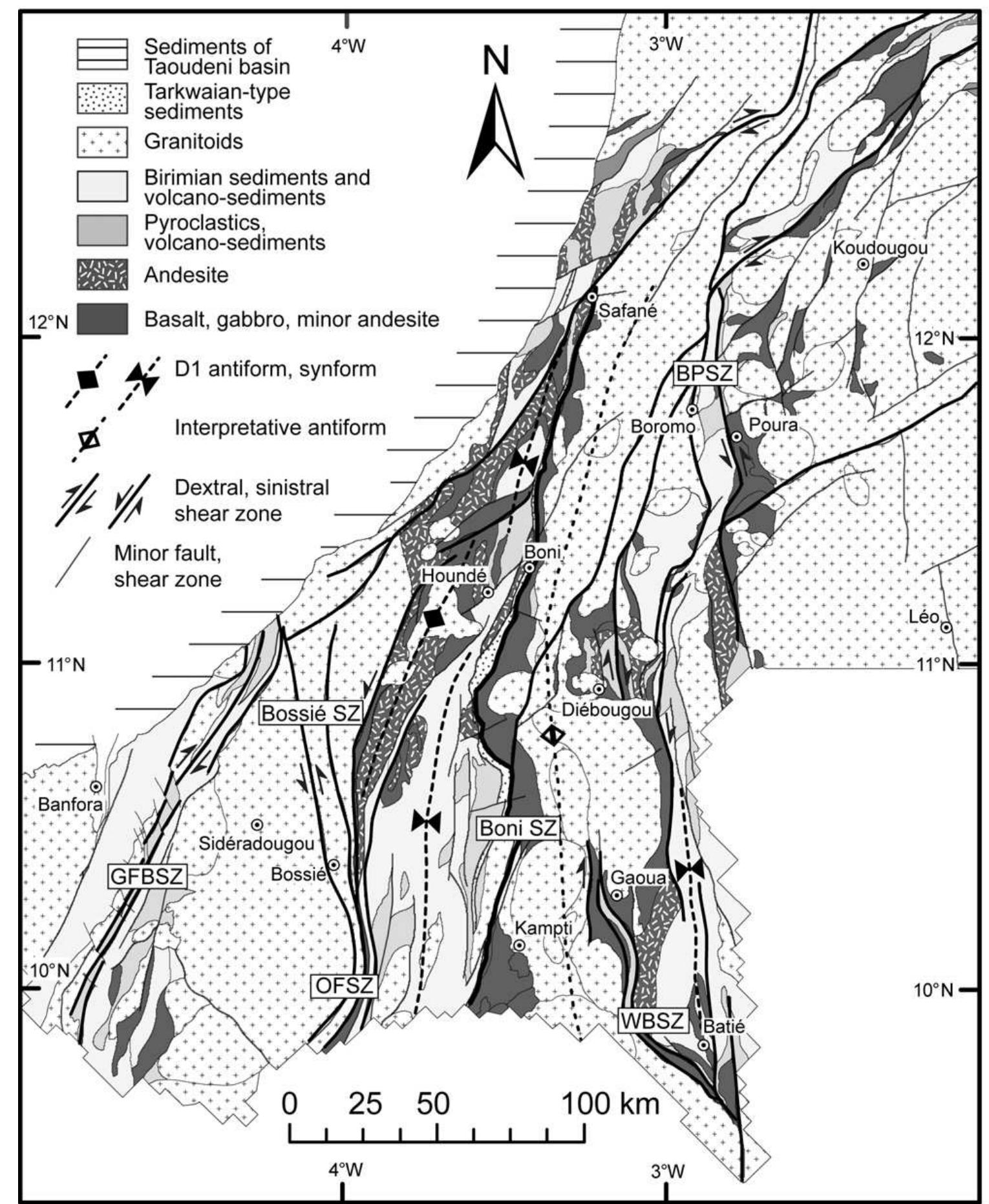 Simplified structural map indicating major shear zones/high