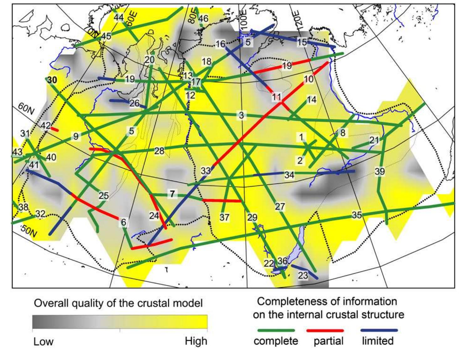 Fig. 3. Overall quality of the crustal database based on available seismic models. Shading illustrates the overall quality of the crustal model based on both model quality (criteria A-C) and model completeness (criteria 1-3). This information is presented for a 2° x 2° interpolation grid which corresponds to interpolation procedure used to constrain all other maps. Seismic profiles which were included into the database are numbered according to Table 3 where typical model quality is given for each profile; color code shows the completeness of model information on the crustal inner structure along the individual profiles (see Fig. 2 for examples and Section 3.3 for details). 