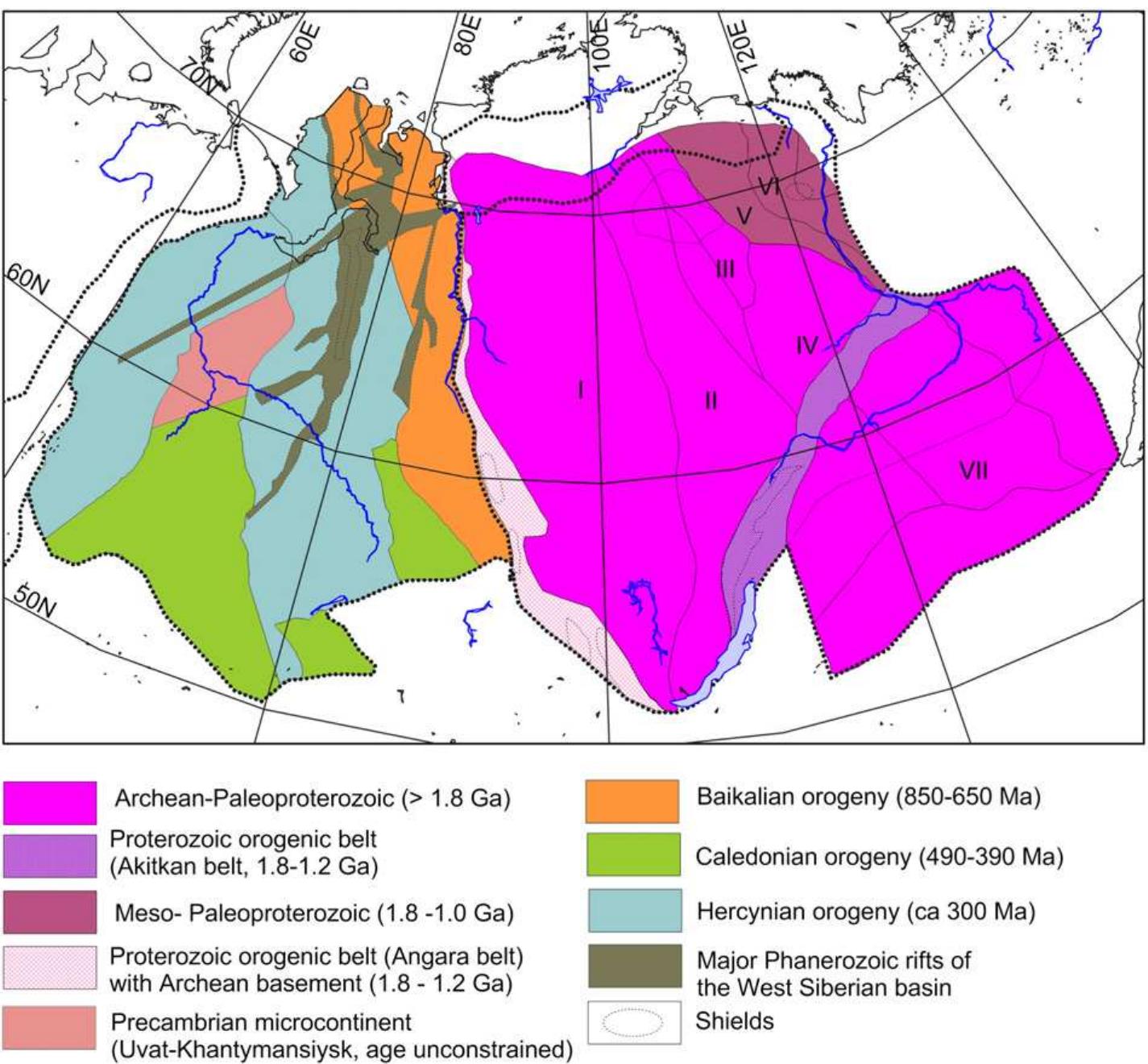 Fig. 6. Tectonic map of Siberia. Bold dotted lines—boundaries of the SC, WSB, and the Urals orogen. Thin black lines—terrane boundaries within the SC. The terranes are: I—Tunguska; I-IV —Anabar superterrane (II—Magan, III—Daldyn, IV—Markha); V-VI—Olenek superterrane (V—Hapchan; VI—Birekte); VII—Aldan-Stanovoy terrane. Basement rocks outcrop mostly in the Anabar and Aldan shields and in the Olenek uplift (the Birekte terrane).  Data sources: Aplonov, 1995; Rosen, 2003; Sengér et al., 1993; Surkov and Smirnov, 2003. 