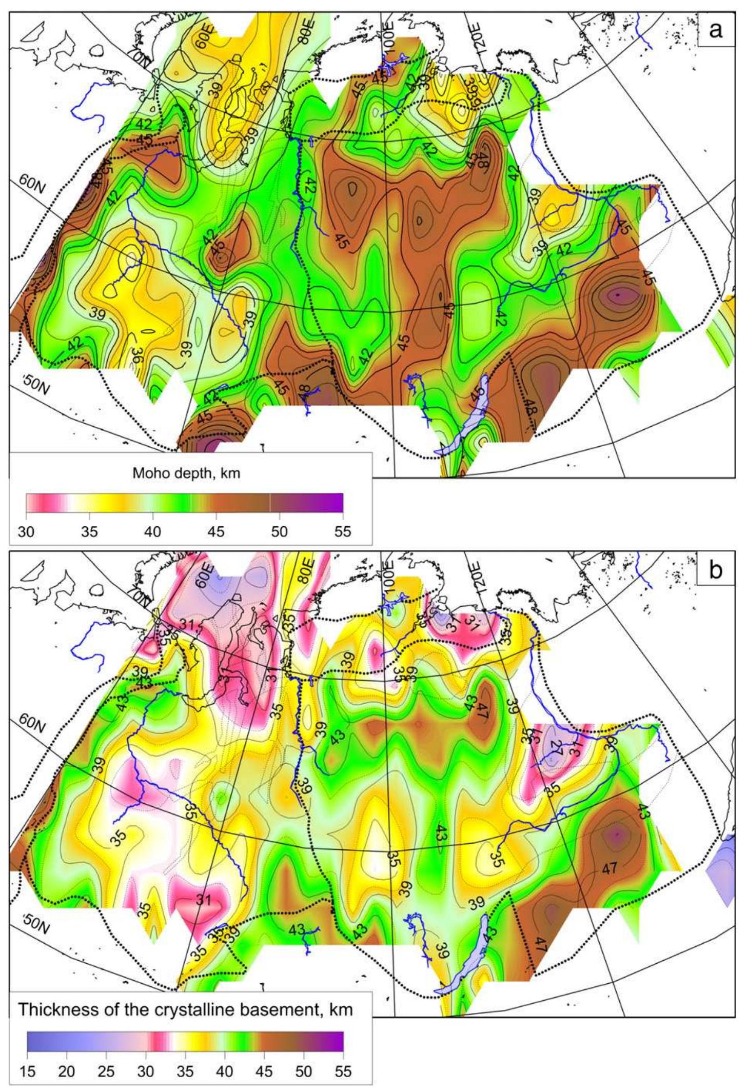 Fig. 7. Maps showing the depth to Moho (a), thickness of the crystalline (consolidated) basement (b), and thickness of sediments (c). The traps and the underlying high-velocity metasediments (Vp > 6.1 km/s) are considered to be a part of the crystalline crust. Map (c) is based only on the profiles listed in Table 3 and does not incorporate existing abundan industrial (but largely inaccessible) borehole data. For this reason map (c) may be less accurate and with a lower resolution than regional maps based on borehole data (in particular fo: the WSB and the Viluy basin). The map for the thickness of the crystalline basement (b) can be interpreted as showing the difference between the depth to the Moho (a) and thickness o} the sediments (c). However, due to the aforementioned limitations of our database for the thickness of sediments, the map (b) was in practice constrained directly from seismic date and independently from the maps (a) and (c). All maps are produced by a nearest neighbor interpolation (chosen to preserve the true amplitudes) with a 2° x 2° interpolation radiu:  (chosen to cover the “white spots”, see details in Section 3.4). Information for the Urals is not shown (see maps in Artemieva and Thybo, present volume). Dotted lines—tectonic bound. aries (see Figs. 1 and 6).  by large-scale collision between the European, Kazakhstan and Sibe- rian paleocontinents (Khain, 2001). In the north, the Kara terrane collided with the northern margin of the Siberian paleocontinent (Vernikovsky, 1996). In the west, the collisional events formed the Urals (e.g. Fokin et al., 2001; Nikishin et al., 1996). In the south, colli- sion of the WSB with the Precambrian Kazakhstan blocks led to a widespread emplacement of granitic batholiths (280-260 Ma) and to high-grade metamorphism in the south-central part of the WSB (Surkov and Zhero, 1981).  Large-scale rifting affected the axial part of the WSB at the initial stage of the Pangaea break-up (Kontorovich et al., 1975; Surkov and Zhero, 1981); it formed a network of sublongitudinal rifts (Pavlov, 1995) and reactivated the Yenisey-Khatanga trough at the northern margin of the SC (Aplonov, 1995). Major basin-scale rapid post-rift compositional and/or thermal subsidence took place in the Jurassic (Artyushkov and Baer, 1986). Flood basalt magmatism (Siberian trap or Siberian LIP) took place in the WSB and the SC at 250 Ma. 