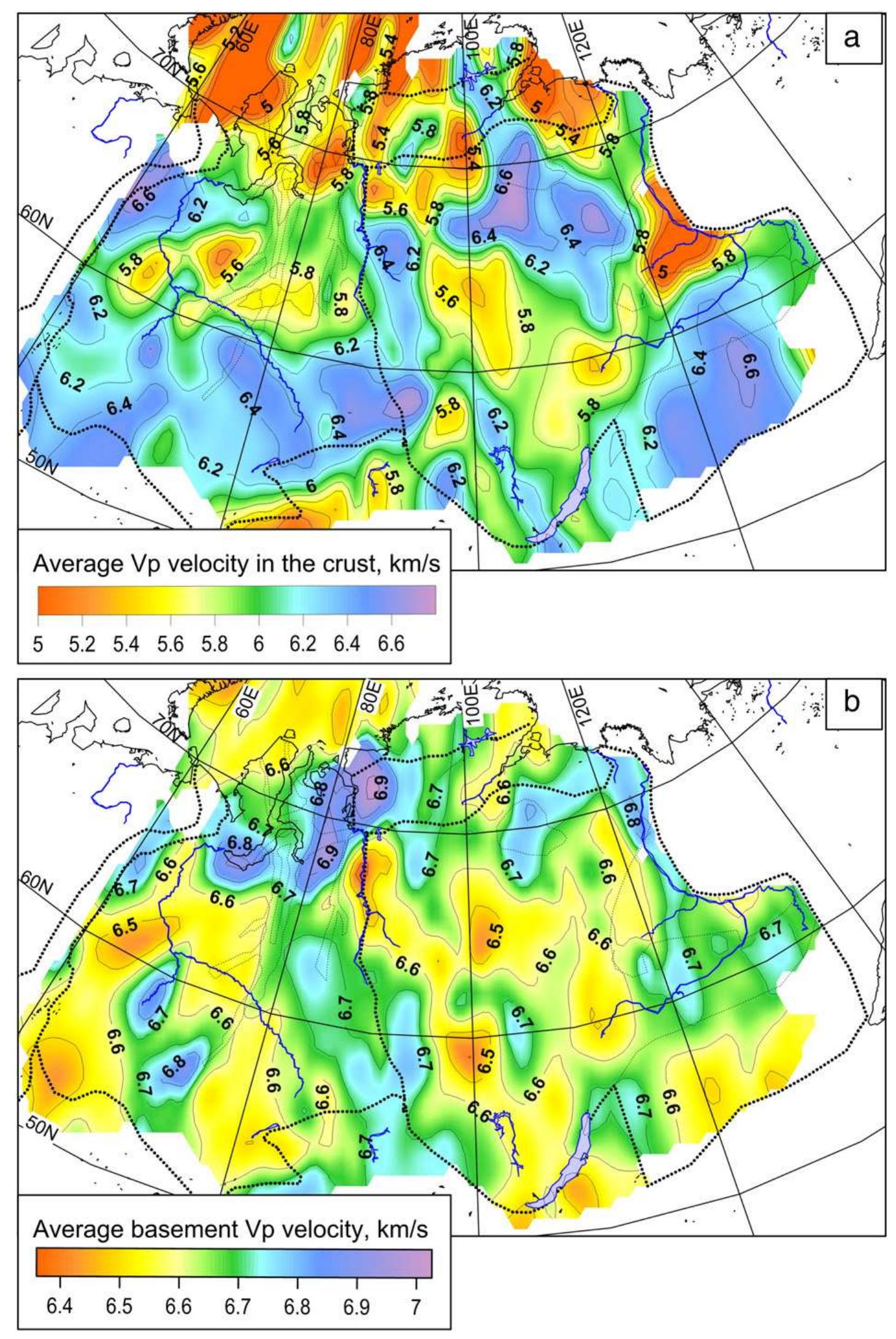 Fig. 8. Maps showing the average Vp seismic velocity in the entire crust (a) and in the crystalline basement only (b). Small-scale “bull's-eye” features are true anomalies observed in the seismic models. Average velocities are calculated by averaging travel times (not Vp) in the individual crustal layers, as Vp(aver) = >—(h;) / >-(h; / V;), where h; is thickness of individual crustal layers and V; is Vp velocity in these layers. For interpolation details see caption of Fig. 7. A block with exceptionally high basement Vp velocities (6.8-7.0 km/s) at around 80E/70N can be related to the source zone of the Siberian traps. 