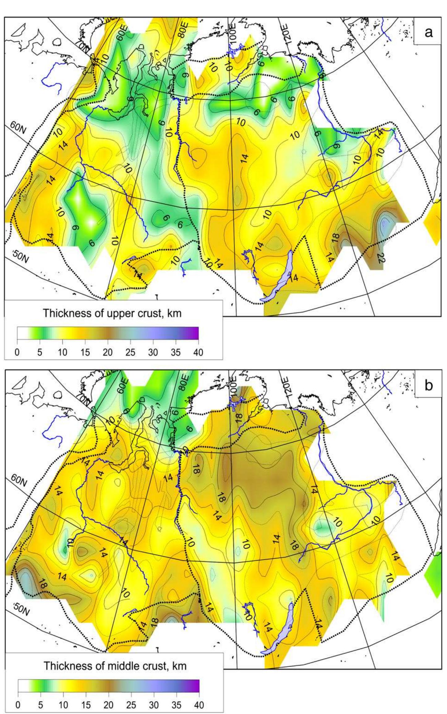 Crustal blocks of the SC with thick crust have, as a rule, high aver- age crustal velocity (Fig. 8a). In particular, it exceeds 6.5 km/s in the  age may be at least a few hundred millions years old (e.g. Clowes et al., 2002; Korsman et al., 1999; Thybo and Artemieva, 2013-this volume). Except for the rifted crust of the Viluy basin and the Yenisey-Khatanga trough, regions where the LMC layer is present have a thick crust (Fig. 7a). Physical conditions favorable for the preservation of a thick crust without being delaminated are probably provided by very low crustal temperatures as reflected in extremely low heat flow in much of this region, 18-25 mW/m? (Artemieva and Mooney, 2001;  Fig. 10. Thickness of crustal layers as defined by Vp velocities: (a) the upper crust (5.8 < Vp < 6.4 km/s), (b) the middle crust (6.4 < Vp < 6.8 km/s), (c) the lower crust (6.8 < Vp < 7.8 km/s), (d) the lowermost crust (7.2 < Vp < 7.8 km/s) (regions where the lowermost crust is absent are shaded gray; regions not covered by seismic data are left white). The traps and the underlying high-velocity metasediments (Vp > 6.1 km/s) are considered to be a part of the upper crust. In cases where seismic reflectors are observed from refraction-wide-angle reflection surveys, we adopted the crustal layers as identified in the original studies regardless of Vp velocity values in the layers. For interpolation details see caption to Fig. 7. 