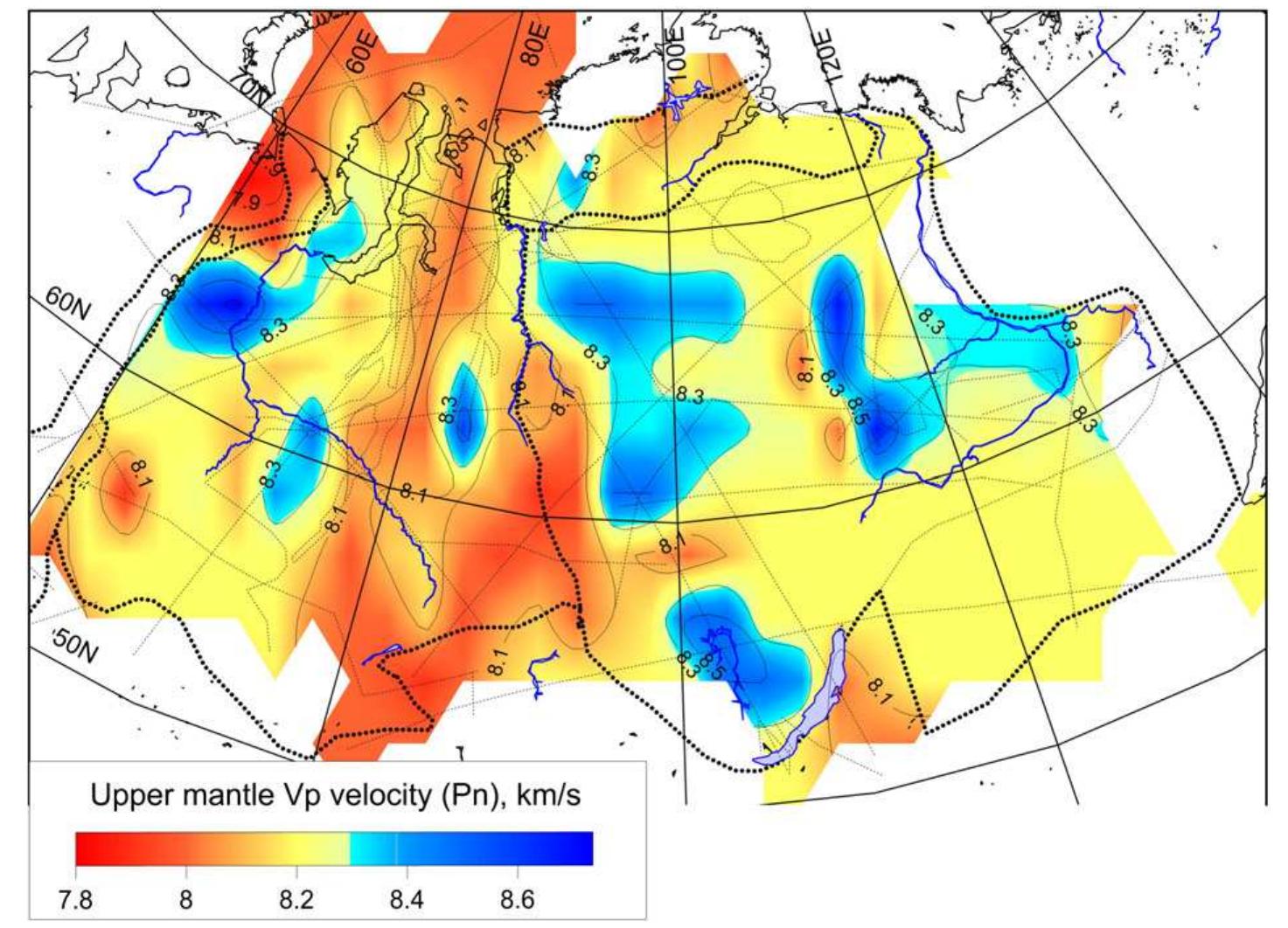 Fig. 13. Maps showing the upper mantle Pn velocities. Small-scale “bull's-eye” features represent true anomalies observed in the seismic models. For interpolation details see cap- tion to Fig. 7. 