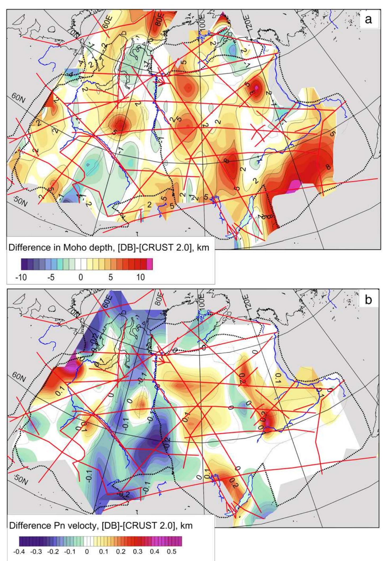Fig. 14. Map illustrating the differences between the new crustal model SibCrust and the CRUST 2.0 model (Bassin et al., 2000) for (a) the Moho depth and (b) the Pn velocity. Both crustal models are constrained by a 2° x 2° nearest neighbor interpolation with the same interpolation parameters. Regions not covered by the SibCrust model are not compared and are shown by gray color. 