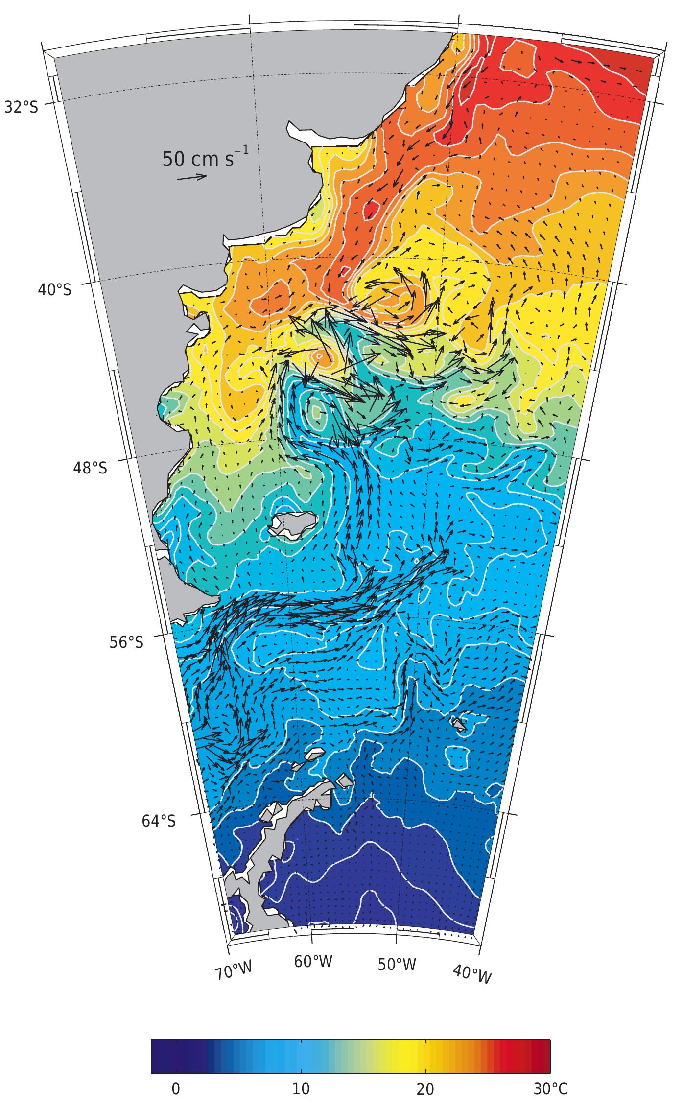 Snapshot of the upper ocean circulation in the western south