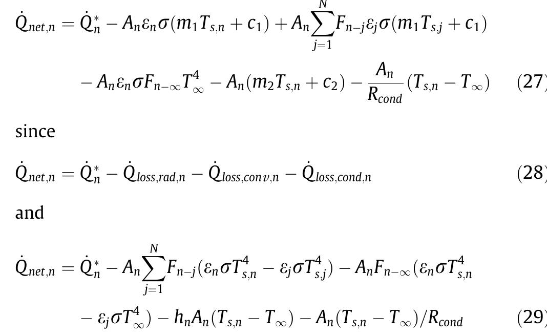 Using Gaussian elimination and MATLAB, the surface tempera- tures (T;,) and net heat transfer rates (Qnetn) can be obtained. For heat loss to other tubes, in the range between 1000 K and 1300 K, it is assumed that Ti (see Eq. (29)) is a linear function of T;, (see Fig. 5) in the form of m1Tsn + cy (see Eq. (27)). For convection heat loss from surface temperatures between 900 K and 1350 K, a linear function for the heat loss rate was also determined and used in the analysis. The largest error in making these assumptions was R? = 0.988. These heat loss functions had to be linearised so that  where Tjno is the temperature of the air at the inlet of the receiver. Tinn is calculated from the heat gained at the previous sections. The following set of equations is also required to solve the surface tem- peratures and the rates of heat transfer into the pipe at the different sections of the pipe’s length. Using Eqs. (24) and (27), an equal number of equations and variables are available to be solved. 