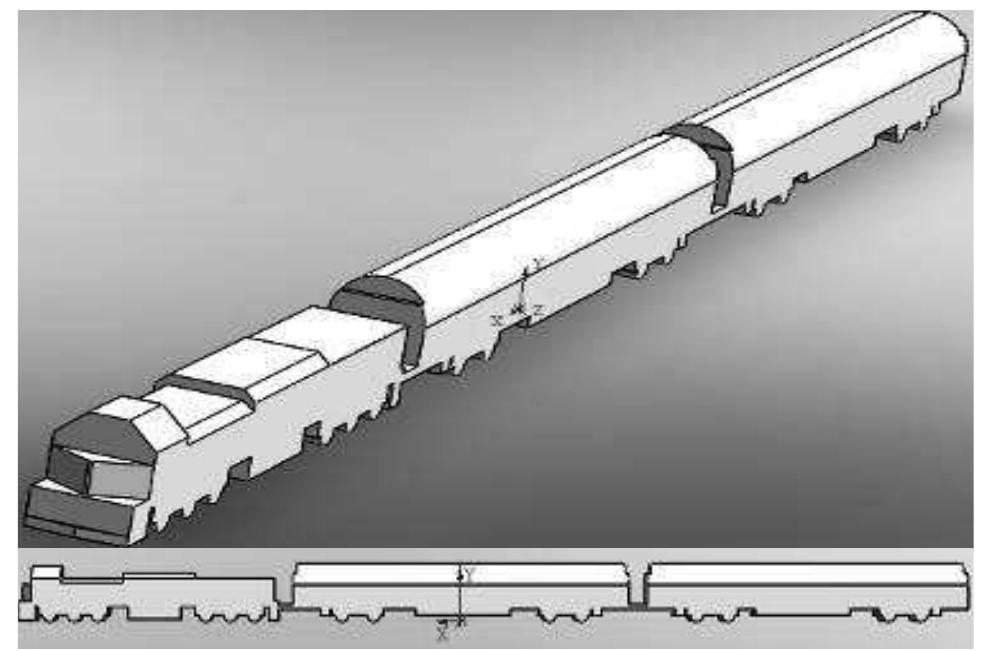 Isometric Bootom Isometric (top) and side (bottom) views of the train model