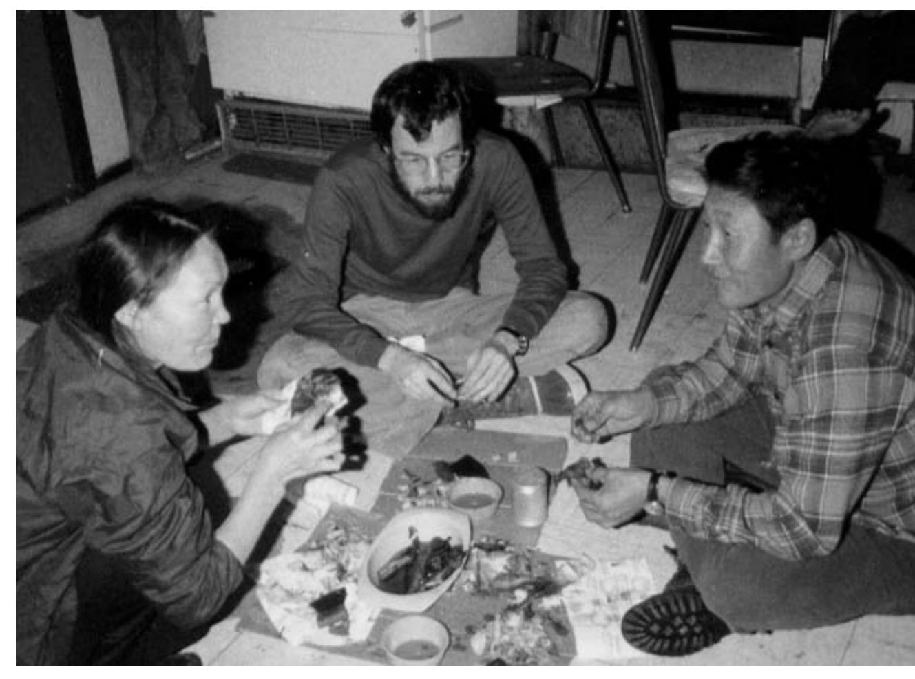 In the following sections, I would like to present the history of our work with Rosemary Sylvester’s tape, especially as it led to a series of translations and other interpretive artefacts.  Figure 2: Mary Moses, Tony Woodbury, and Leo Moses, February, 1980. 