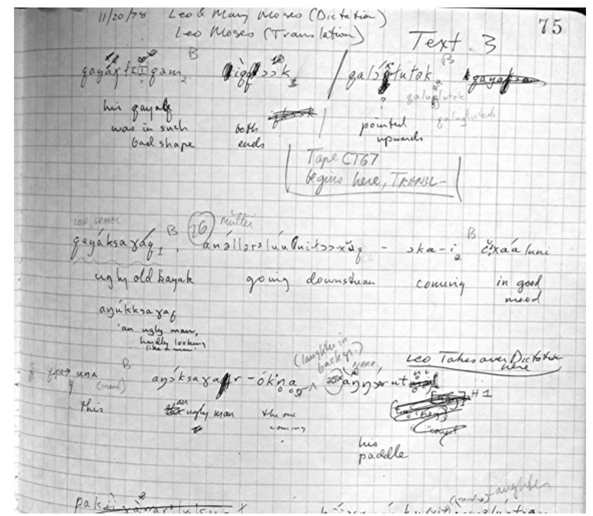 Figure 3: Notebook page.  As can be seen, the notebook entries are dated November 20, 1978 and consist of transcription, translation, and lexical notes in pen; plus some pencil  inscriptions — made by me much later — notating some features of prosody, and numbering what I took to be sentence units. 