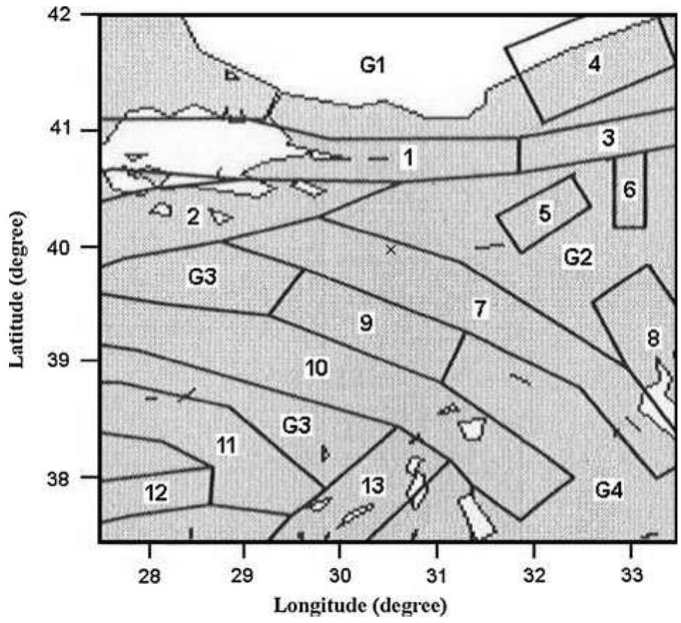 Configuration of the seismic source zones listed in table