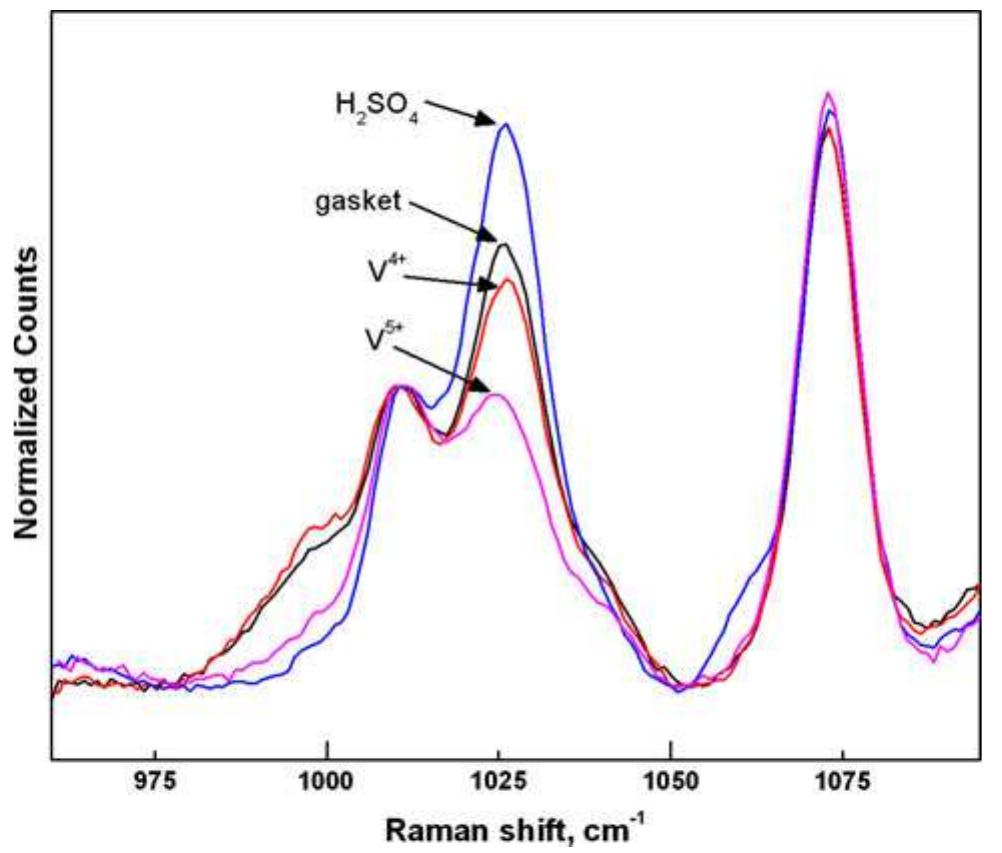 Fig. 7 High-resolution Raman spectra of gasketed area on S-Radel membrane cycled 50 times, and S-Radel soaked in H,SOu,, vit, and V°* ion solutions, respectively 