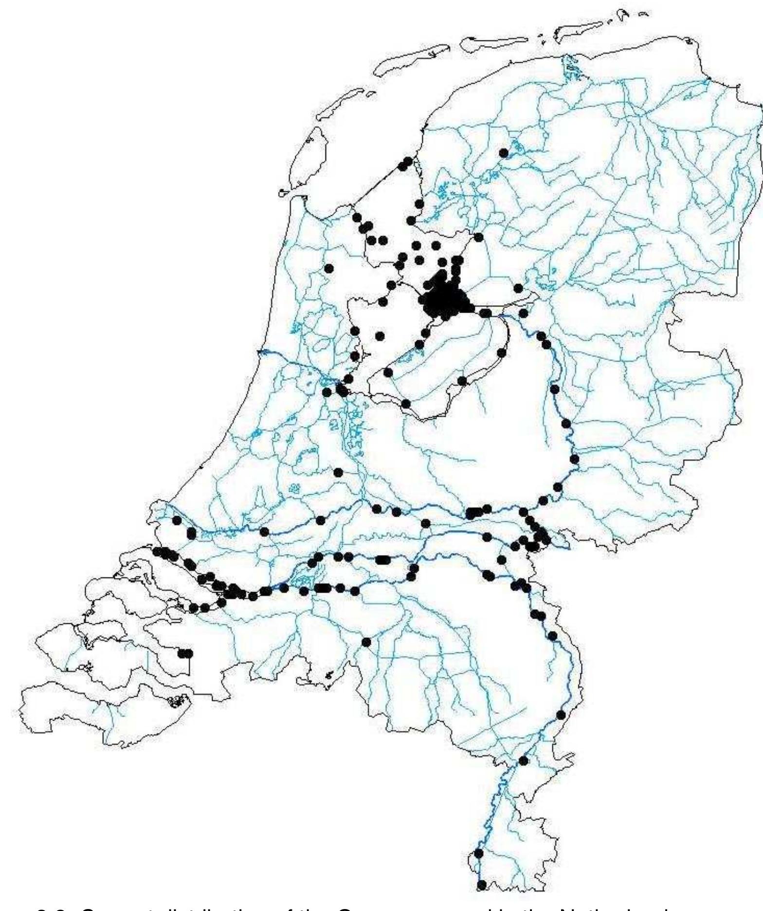 Quagga mussel observation in France. In 2009 Sablon et al. (2010) recorded the Quagga mussel for the first time from Belgium (Albert Canal, in the vicinity of Grobbendonk), while J. Marescaux (unpubl. results, Univ. Namur, Belgium) observed upstream migration of the species in the Belgian section of the River Meuse from 2010. From all these observations it became clear that the Quagga mussel is quickly expanding in Western Europe after its establishment in the Netherlands.  To further characterise the spread of the Quagga mussel the cumulative number of records for the Quagga mussels is illustrated. Figure 3.3 shows a sharp increase in the cumulative number of records between the Quagga mussels initial discovery in the Netherlands and 2008 in which time a total of 206 separate locations had been identified. Since 2008 the yearly number of records has slightly reduced to 46 - 50 per year. However, this does not reveal the relationship between the number of locations where the Quagga mussel was found and the overall number of samples taken for dreissenid mussels. 