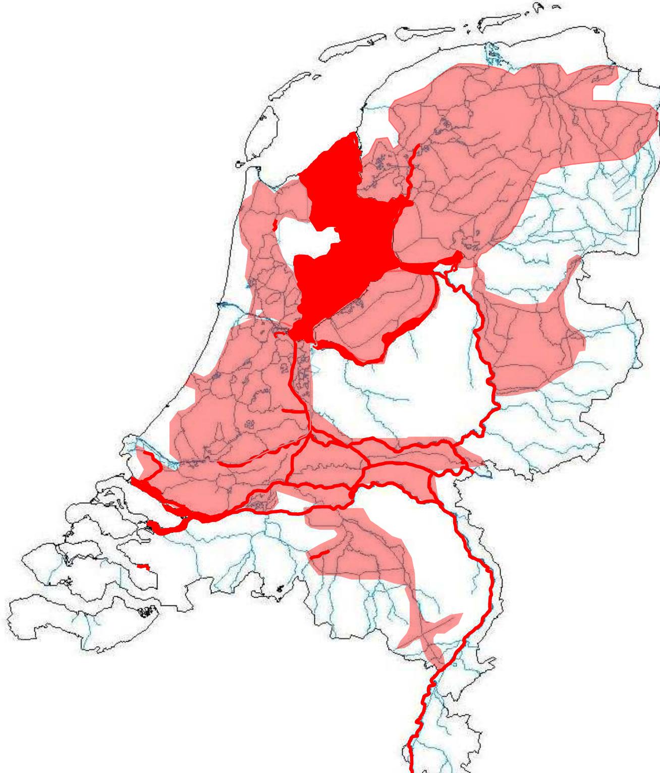 It is expected that all water bodies of the Dutch network of waterways, such as the freshwater parts of large rivers and lakes and connecting shipping canals, will be soon entirely colonized by the Quagga mussel. Colonization of isolated water bodies in the hinterland of large rivers and river tributaries without shipping or upstream populations will take much more time and change of dispersal will strongly depend on presence of suitable vectors (paragraph 3.4 and 3.5), (future) environmental conditions (paragraphs 4.1-4.5) and management measures (paragraph 6.2 and 6.3). The dispersal rate strongly depends on the hydrological regime (flow direction and velocity) and frequency of shipping passages through these waters. Without the implementation of effective prevention measures, the Quagga mussel is expected to spread to all water bodies where the Zebra mussel now occurs.  hinterland of large rivers and river tributaries without shipping or upstream populations 