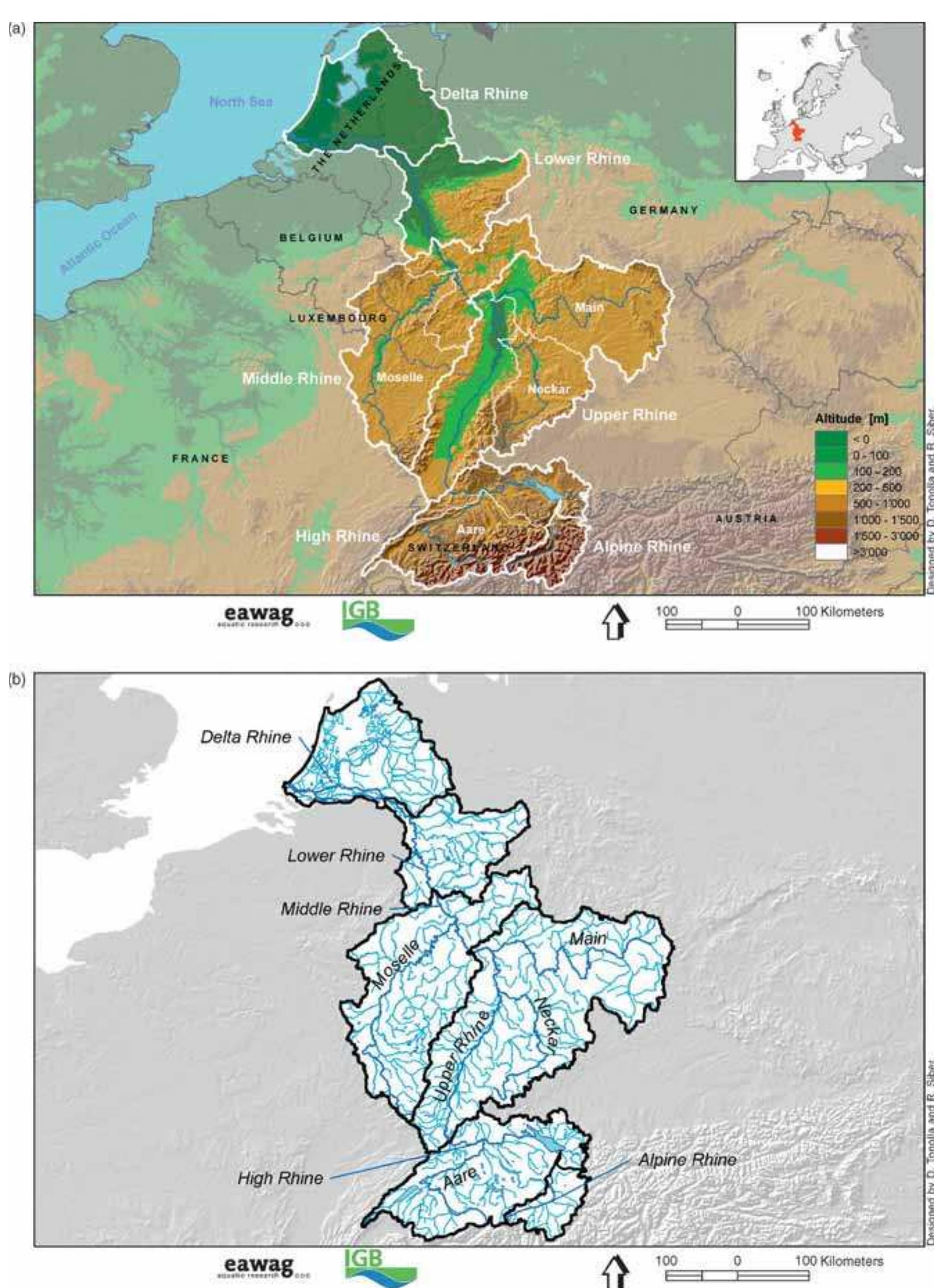 FIGURE 6.1 Digital elevation model (upper panel) and drainage network (lower panel) of the Rhine River Basin. 