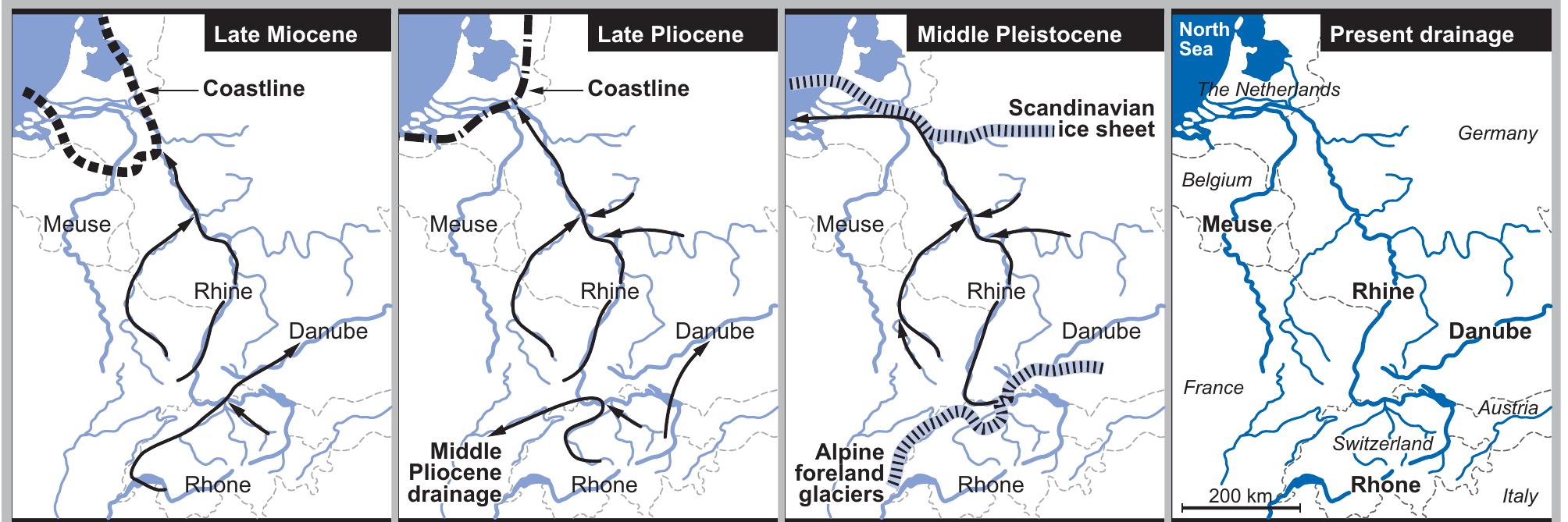 FIGURE 6.2 The Cenozoic evolution of the Rhine drainage after Preusser (2005) and Quitzow (1976) 