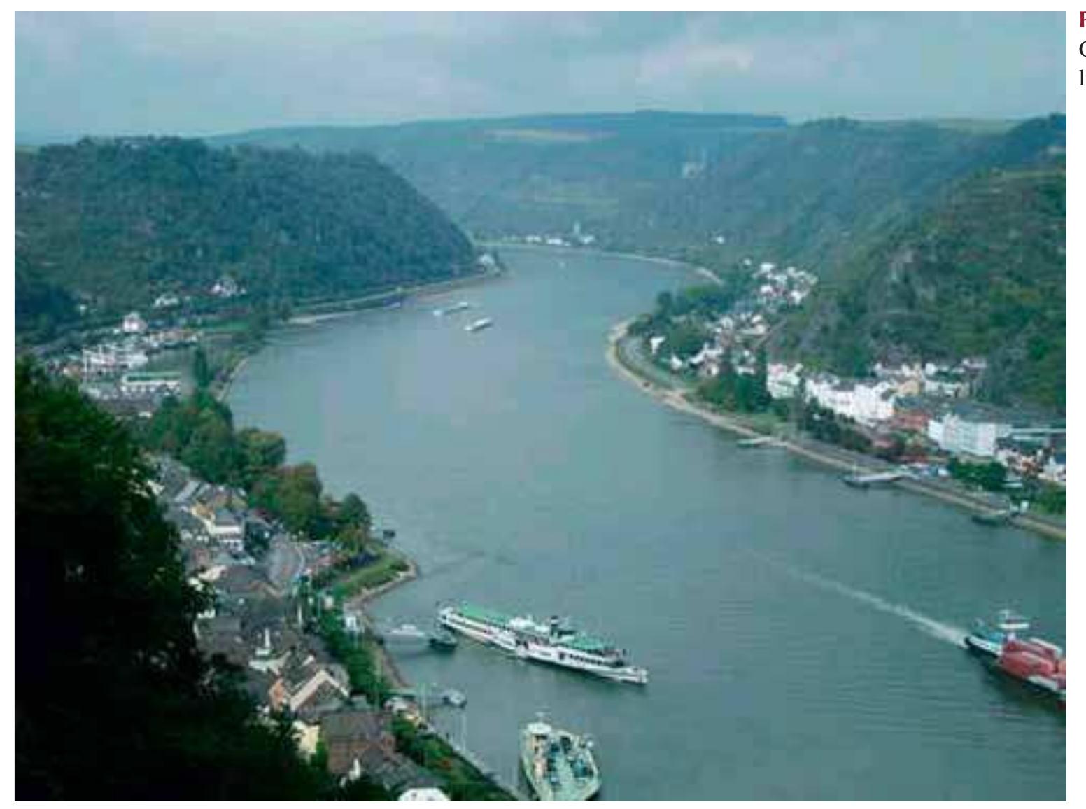 655), thereby cutting through the volcanic field of the East Eifel. About 12 900 years BP, a disastrous Plininan eruption of the Lacher See Volcano (~7 km west of the Rhine) de- posited large amounts of fallout tephra that congested the outlet of the Neuwied basin and formed a lake of ~140 km? The collapse of the tephra dam during the late stage of the eruption caused a catastrophic flood; respective deposits can  be found as far as 50 km downstream (Park & Schmincke 1997).   The catchment of the Middle Rhine covers an area of 41 810km? with elevations ranging from 43 masl near Bonn to 880 m asl in the Taunus Mountains. It includes the Rhenanian Slate Mountains, remnants of the Hercynian Mountains, with predominantly Devonian and Carbonifer- ous slates, greywackes and limestones (Koster 2005a). Parts of the uplands are covered by volcanic deposits originating from Tertiary and Quaternary volcanic activity. The most recent eruption dated 11 000 years BP (Schmincke et al. 1999). The Rhenanian massif is dissected by the Rhine from south to north, the River Moselle from southwest to north- east, and River Lahn from northeast to southwest.  In contrast to the Alpine Rhine, Upper, Lower and Delta Rhine, the plan view of the Middle Rhine course was little affected by humans. River engineering in the 19th and 20th centuries aimed to improve navigation by primarily modify- ing channel cross-sections by removing cliffs IKSR 1993). Up to the 1980s, the width of the navigation channel has been excavated or blasted to a depth of 2.1 m at baseflow (Q345) and widened to 120-140 m. This included the quartzite reef at Bingen, once the most infamous navigation obstacle on the river. In some reaches, groynes including lateral ones were used to maintain baseflow depths. Railroad tracks and roads isolate the river from adjacent uplands by walls, particularly along confined reaches.  The Middle Rhine begins at Bingen (Rkm 529), where the Rhine turns north and enters a canyon-like reach charac- terized by a relatively steep gradient (0.04%) and narrow channel (200-300 m) (Photo 6.8). From continuous upland uplift and subsidence of marginal areas, the Rhine deepened its valley by ~200 m. The riverbed mainly consists of bed- rock (Devonic schist and quartzite), forming reefs and some islands apart from gravel bars (Photo 6.9; gravel is added by the Nahe River merging with the Rhine at Bingen). Only some of the bed sediments transported at Mainz (Rkm 498) reach the Middle Rhine (IKSR 2005). Mid and point bars occur where the gradient is low. About 30 000 m? sediment must be annually removed from the river to keep the navi- gation channel open. Sediment supply from the tributaries Moselle and Lahn stopped with the regulation of both rivers.   The Lower Rhine flows from Bonn (Rkm 655) to the Dutch—German border (Rkm 858). It drains a catchment of 18 836 km’, including parts of the Munster Embayment in the northeast and the Rhenanian massif in the south and southeast. On the right of the Rhine between the Munster Embayment and the Rhenanian massif is the Ruhr basin with up to 3000 m thick Upper Carboniferous coal bearing sedi- ments extending into the southern North Sea (Henningsen & Katzung 2002). The coal contained in >200 seams fuelled  Downstream of Koblenz (Rkm 591.5), the Rhine flows unconstrained for about 22 km through the Neuwied basin, a relatively small tectonic depression. From Andernach (Rkm 613), the Rhine continues in a straight channel to Bonn (Rkm 