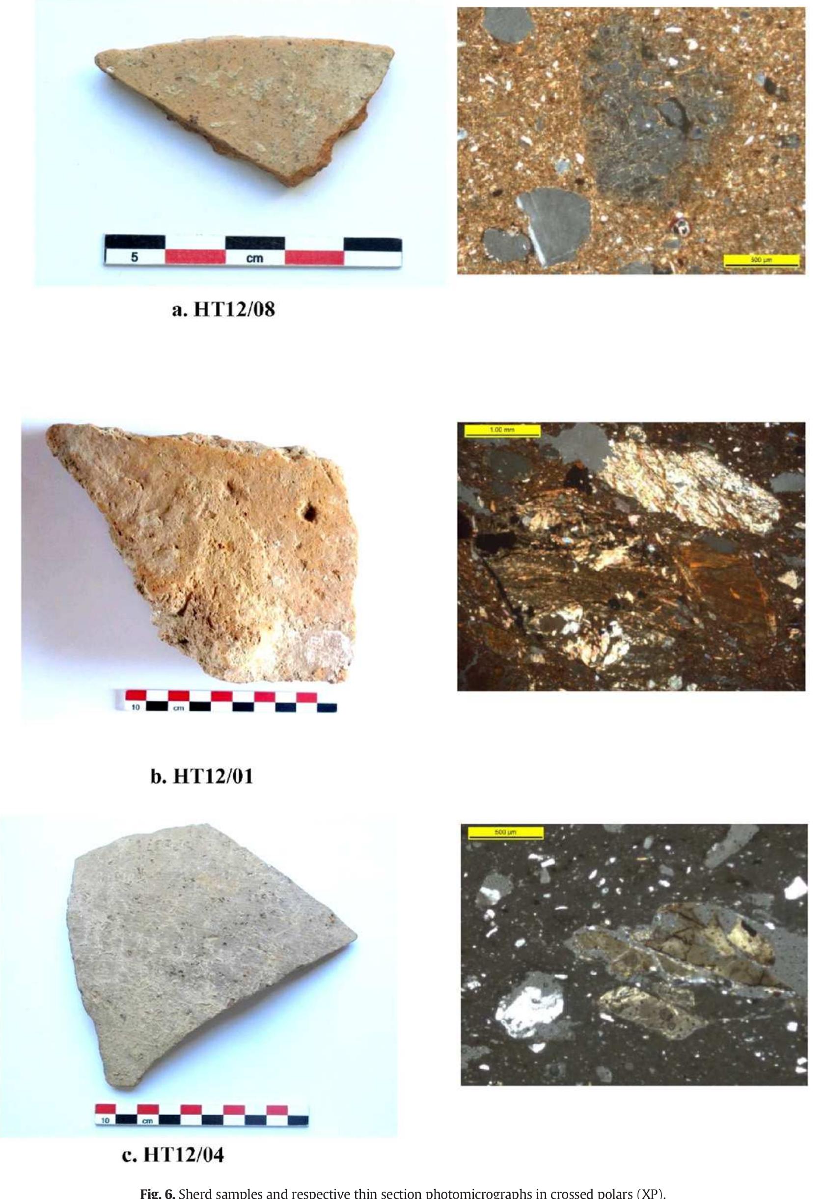 in silicate minerals (e.g. Fabric groups 2 and 4; Figs. 4a, 5a—b). In con- trast, the fine ware samples may have been subjected to sieving or lev- igation for the removal of the larger inclusions, or more likely suggest the utilisation of naturally refined clays (Fig. 3). Tempering was prac- tised for the paste preparation of some samples (e.g. HT12/02, HT12, 04, and HT12/33; see Table 2; Figs. 4b, 5c, 6c). The addition of some or- ganic matter (chaff) may have ensured lower plasticity and better workability of the clay mix. Evidence for incomplete clay mixing was  4.3. Technology 