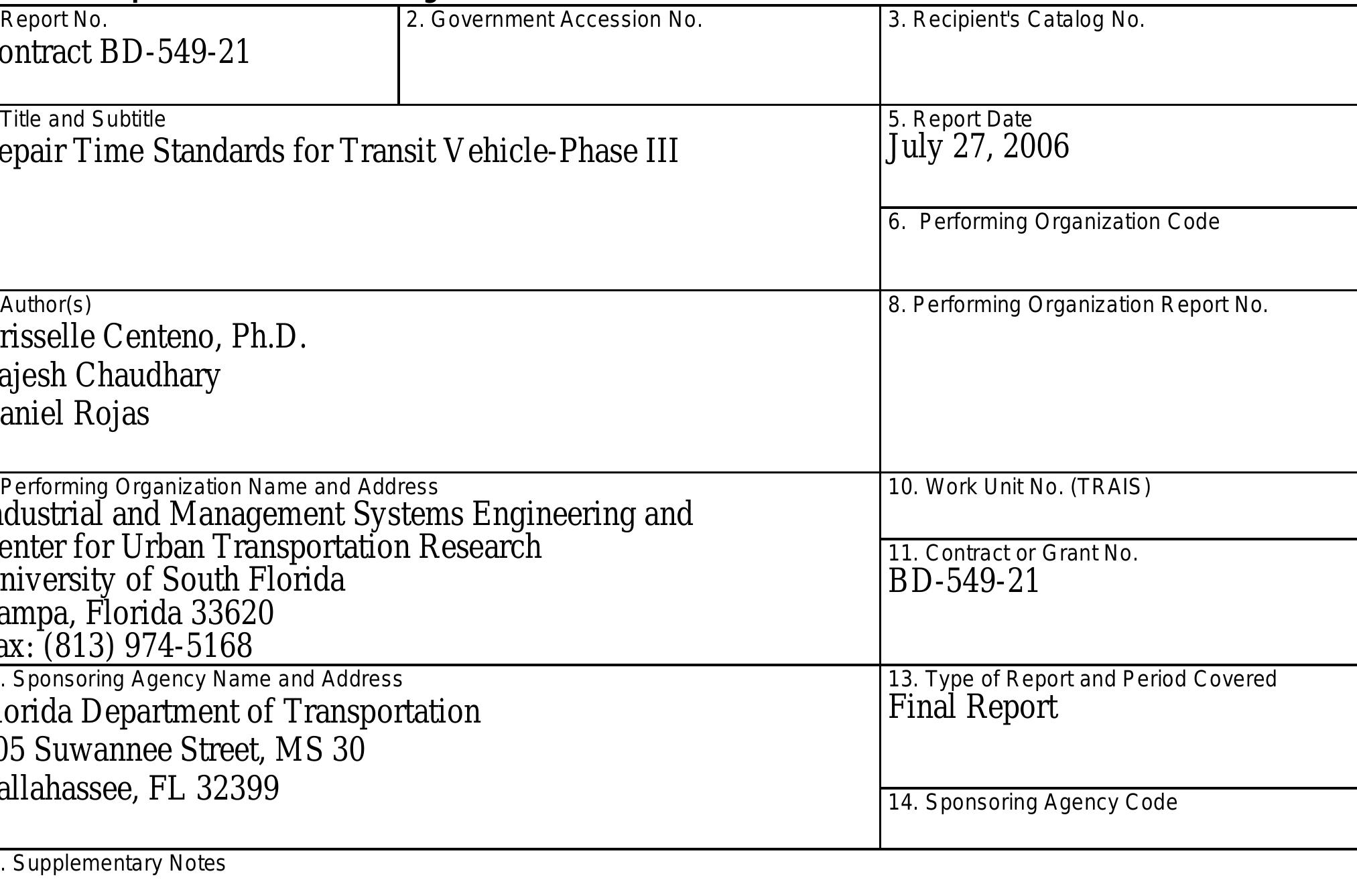 Table 1 - Repair Time Standards for Transit Vehicle-Phase