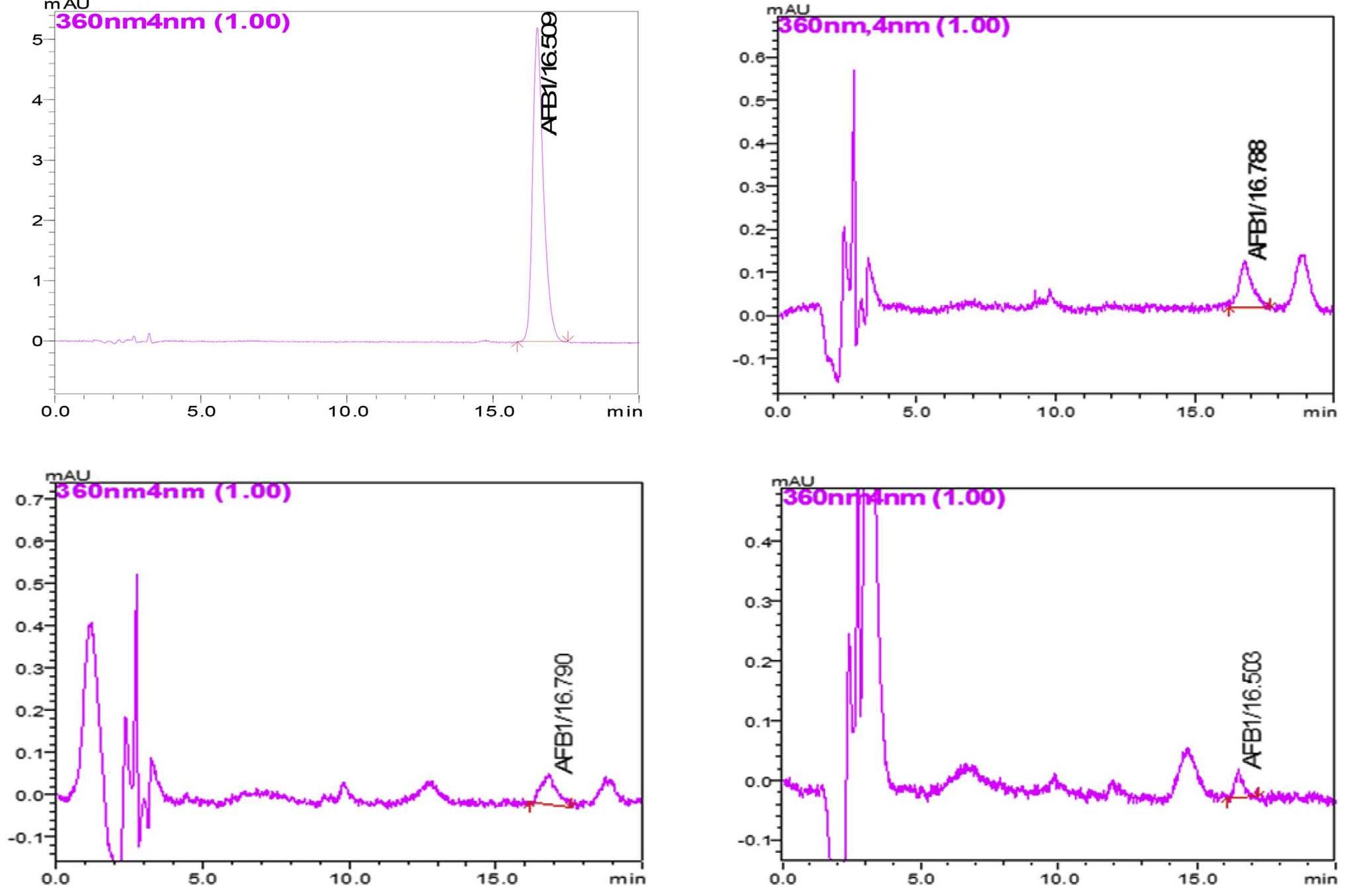 Fig. 2. HPLC chromatograms of AFB, standard (1 pg/ml, 8 jul injection volume) (top left); groundnut flour (top right); FFC2 (bottom left); and FFCP1 (bottom right) 