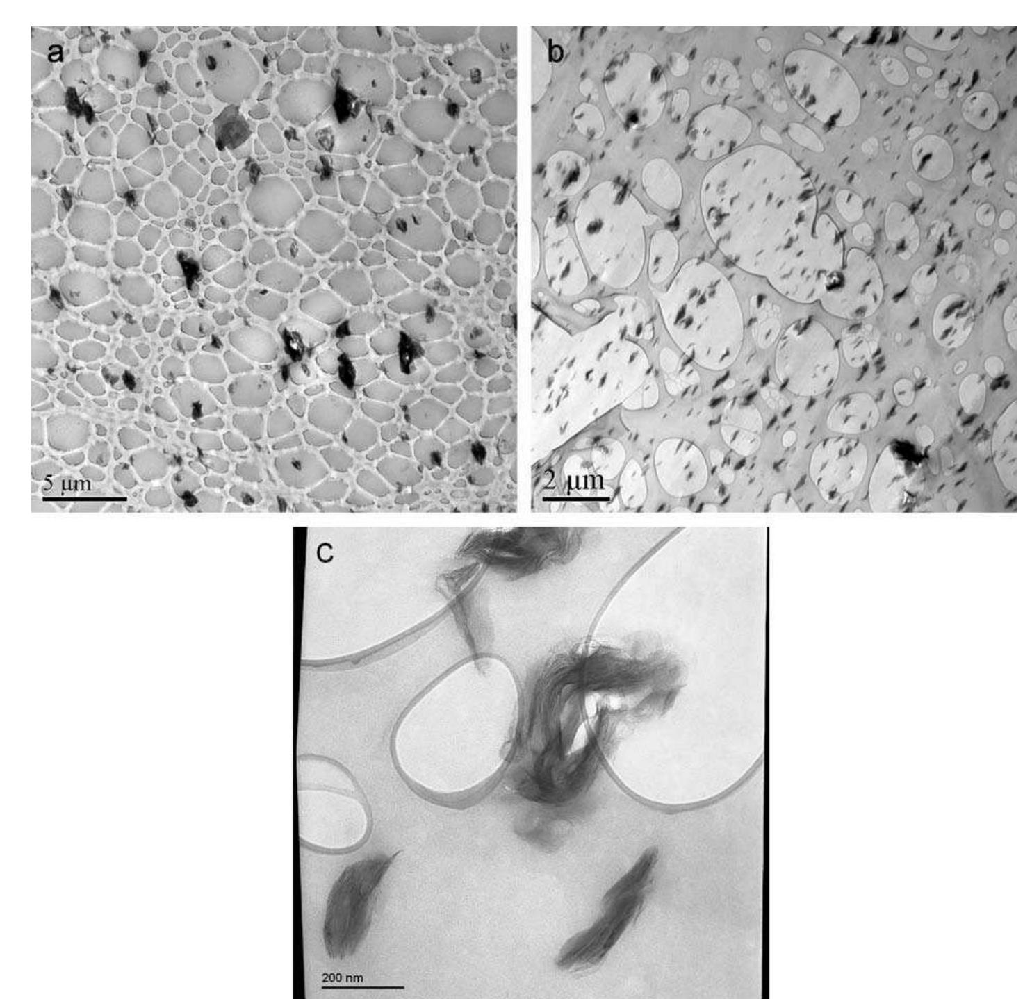 Fig. 3. Selected images from the TEM analysis, (a) PGM-MC2, (b) GM-RM2 and (c) GM-RM1. Note the difference in magnification. 