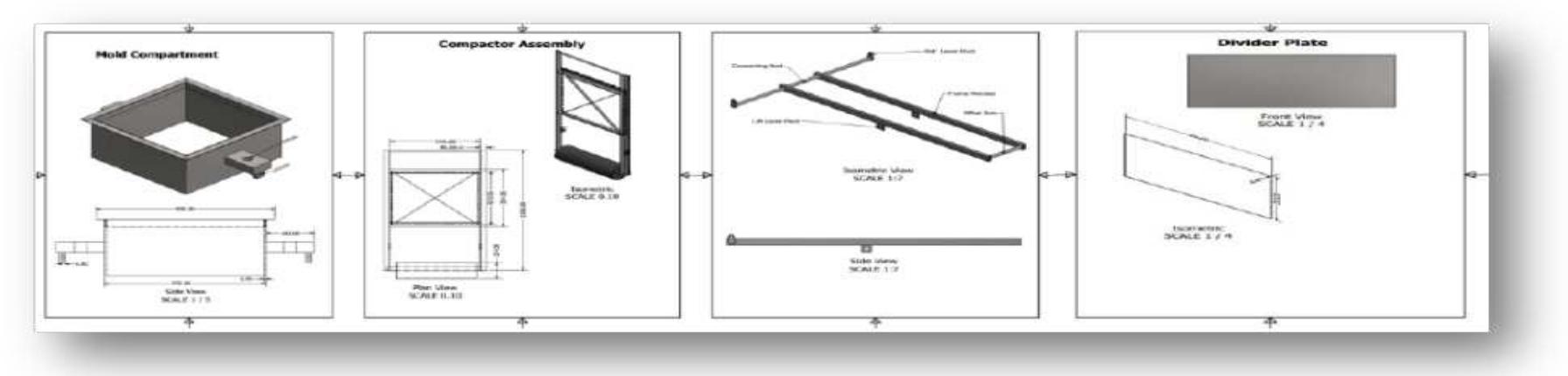 Shape and calculated dimensions for mold, compactor, lever