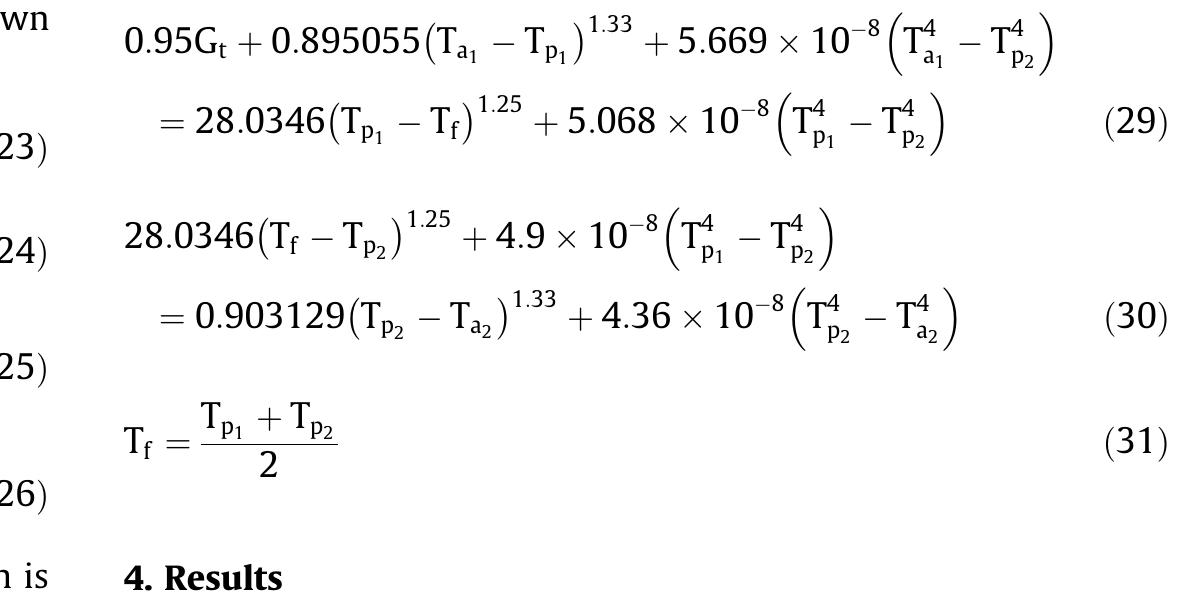 As shown in Eqs. (20)-(22), energy balance equations at plate 1 and plate 2 and at the receiver midpoint in the condition of steady state can be simplified in Eqs. (29)-(31) as follow:  Solar dish Stirling engine have many parameters that affect the final performance. The power output, thermal efficiency, speed, and heating temperature source increase with increasing solar intensity. 