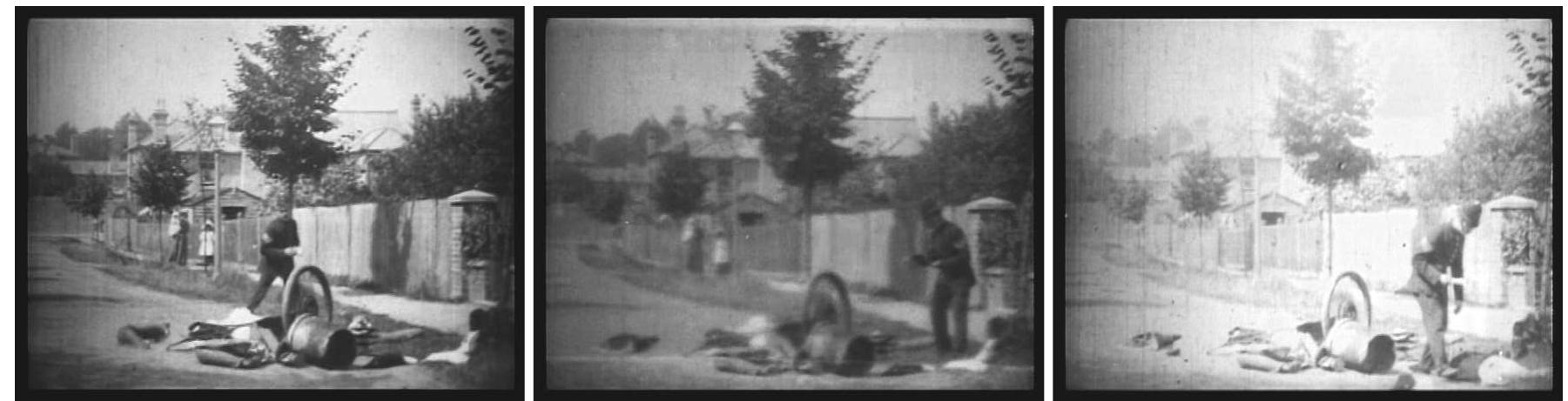 Figure 2. a—c: Explosion of a Motor Car (dir. Cecil M. Hepworth, 1900). Note the sudden disappearance of the woman and children in the background of the image, the “fogging” of the image as the camera slows down, and the white splice line in part b. 