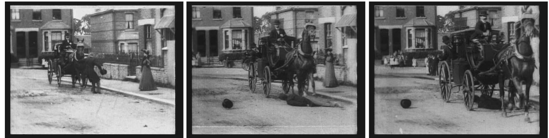 Figure 3. a—c: The Extraordinary Cab Accident (dir. R. W. Paul, 1903). Note the shifting and changing crowd of witnesses in the background, as well as the white splice line in part b. 