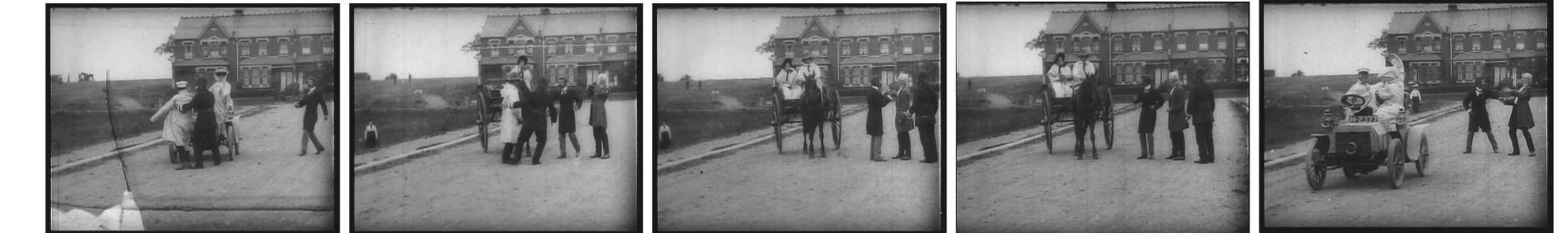 Figure 4. a-e: The “2” Motorist (dir. R. W. Paul and Walter R. Booth, 1906). After the car is transformed into a horse and buggy, a woman appears on the left edge of the image, staring directly at the camera. Note the frame shifts right to remove her, only to have a second woman (in a white hat) appear in the background when the horse and buggy becomes a car again. 