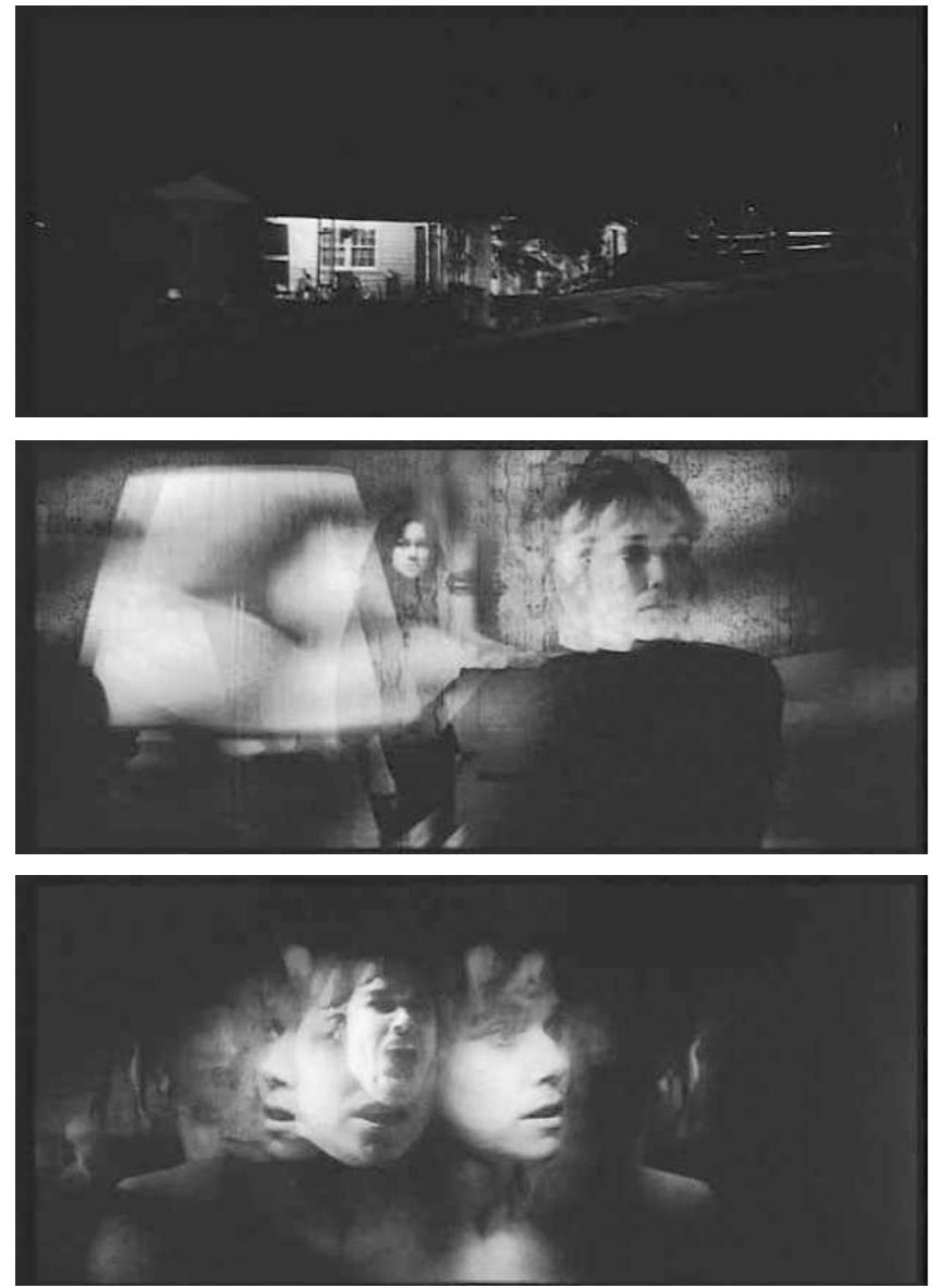 Figs. 5-7. (above); figs. 8-11 (right). Peter Tscherkassky’s Outer Space (1999). Copyright sixpackfilm.  approaches both in method—it is not wholly calculated in advance by a conceptual score—and in the turn to an explicit (as opposed to evacuative) confrontation with the representational codes of narrative cinema. He made the CinemaScope trilogy by hand in a darkroom in his home in Enzersfeld, lower Austria, through a process of single frame contact printing. He worked on a piece of cardboard one meter in length with nails punctured through the bottom to hold unexposed film stock in place by the sprocket holes.” He placed the found footage on top of the raw stock and uses an Opemus III light cone from a photo enlarger and more frequently a red laser pointer ike a hybrid paintbrush/writing instrument to selectively—often  “intuitively’—produce __ his exposures, creating shimmering pools of exposed  