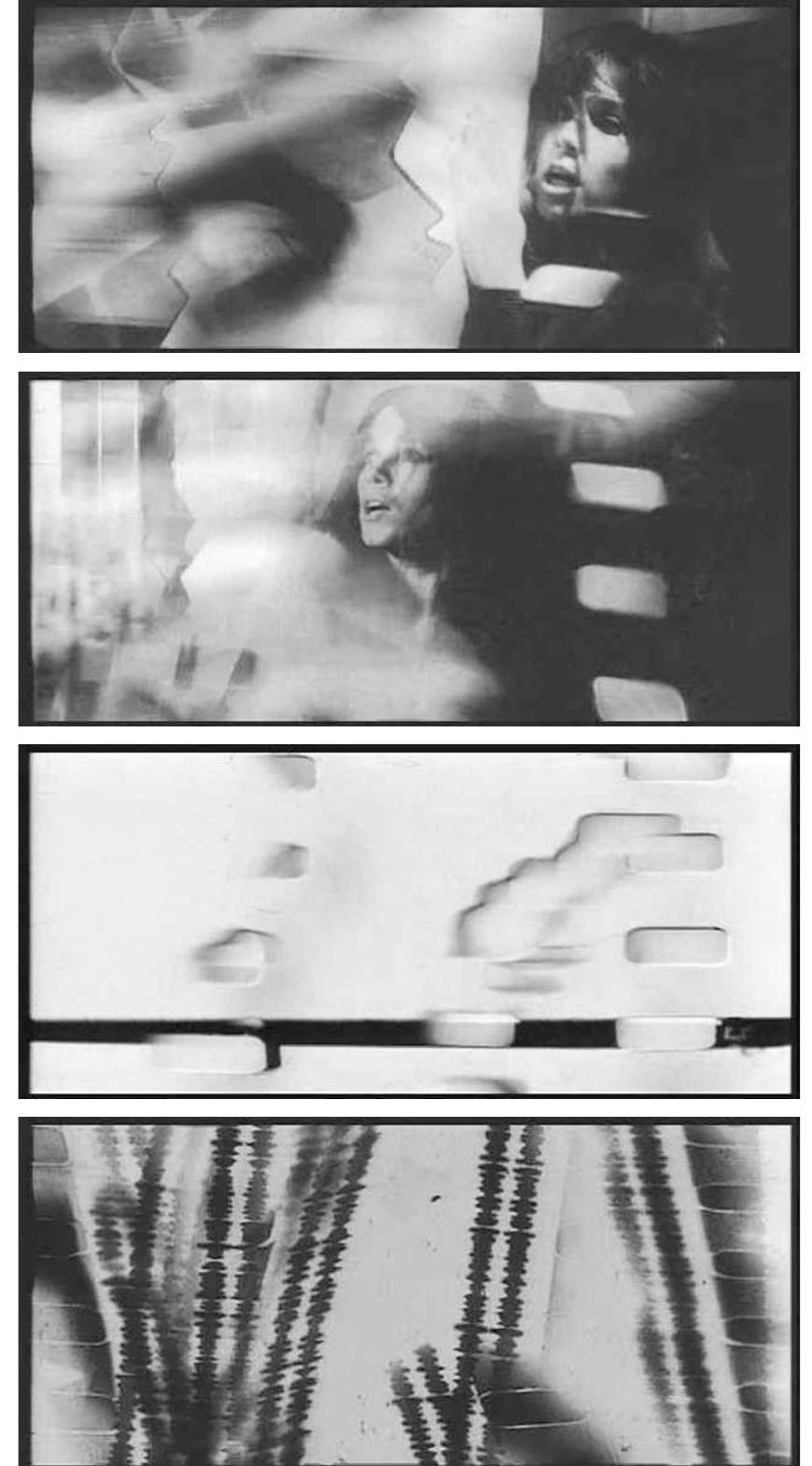 images against Compietely unexposed, pure Dlack fields.°° Whereas Motion Picture distributes the contents of a single photogram amongst roughly 4,800 distinct frames, the CinemaScope trilogy is marked by a process of radical condensation that Tscherkassky realized through techniques of “optical collage.”*! Each image in Outer Space contains as many as five simultaneous superimpositions of material from the original footage, and the follow up film Dream Work contains as many as seven layers. This condensation (a process even more explicitly addressed in Dream Work) also enacts temporal compressions and overlaps.” Not only does it reduce a feature length film to an intense ten minutes, but its superimpositions and fragments appear to both disrupt and compound the successive unfolding of distinct instants, and 