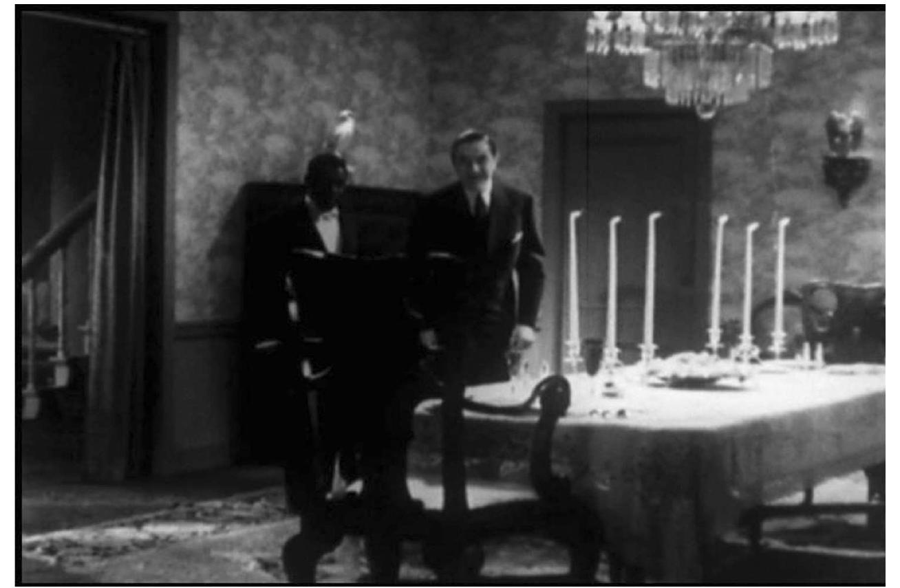 Figure 1: Still from Invisible Ghost  “Arnolds digital video installations contribute  to a growing body of film,  that work through the q cinema” by focusing on i the fragile materiality of thinking here of found  video, and digital pieces uestion of “the ends of ts remnants, particularly celluloid. I am primarily footage works by Peggy  Ahwesh, Mary Billyou, Eve Heller, Ken Jacobs, Bill  Morrison, Phil Solomon  and Peter Tscherkassky,  to name but a few. Alt  hough these films, when  considered together, suggest a larger structure of feeling, I will limit my comments to Arnold’s  Deanimated: The Invisible  Ghost, part of a triptych  of digital video installations mounted in autumn  2002 at the Kunsthalle Wein (Vienna) alongside  Arnold designed the installation space for Deanimated to resemble a derelict movie theater. An excess of seats were installed so that visitors would experience the gallery space with an exaggerated sense of emptiness, isolation, absence, and abandonment—suggesting the disappearance of the public rituals and social institutions associated with classical cinema-going. The digital video loop is built from re-touched footage from Joseph H. Lewis’s 1941 Invisible Ghost, a poverty 