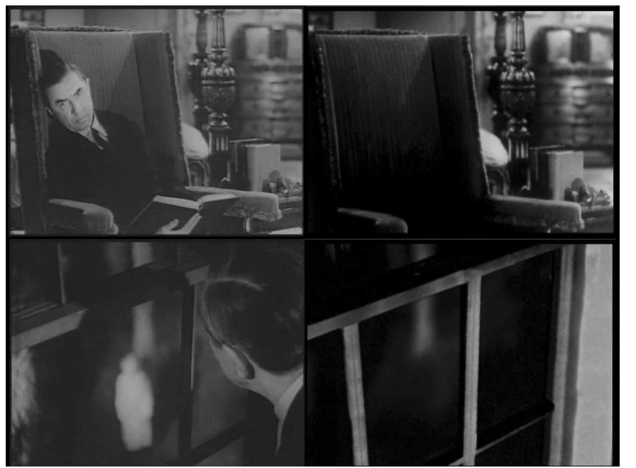 house itself becomes the “star” of the film as Arnold transforms the remnants of the Hollywood picture into an unheimlich [un-homely, uncanny] home movie, literally de-familiarized and spirited away from the constraints of the Oedipal family drama with which it was formerly occupied.* The camera becomes increasingly aimless and without object— it becomes, in the Freudian sense, “perverse.”’ It tracks, pans, zooms, and focuses onto nothing, onto no-thing within the evacuated, domestic spaces of the images [figure 4].1° Arnold puts the phonos and logos of classical Hollywood cinema under  erasure, rendering it a language-of cinema.  row picture starring Bela Lugosi as a melancholic widower driven to murdering his household staff by the “ghost” of his missing wife, whose absence he refuses to acknowledge, and rightly so, as it turns out in the original narrative. Almost the same running-length as its source material, Deanimated stands in uncanny proximity to Invisible Ghost, like its doppelganger or ghostly twin sibling. The trope of the “invisible ghost,” introduced in the source footage through an empty chair [figure 1], spreads throughout the piece like a contagion. Arnold digitally erases characters from the origina footage and morphs actors’ mouths shut during stretches of dialogue, slowly dissolving the visua and narrative coherence of the film. Actors with de-animated lips grimace and mutely gesture at each other, as if struck by aphasia, their sealed mouths swallowing their words with pained expressions. Instead of engaging in a cinematic talking cure, they unwillingly enact the silent treatment. Arnold evacuates the mise-en-crime- scene of culprits and victims, human agents and identifiable motives [figures 2-3]. The final fifteen minutes of Deanimated are almost completely devoid of human figures (with the single exception of a corpse), transforming the cheap background sets into the foreground, and eventually erasing the image itself, until only black remains. The haunted  