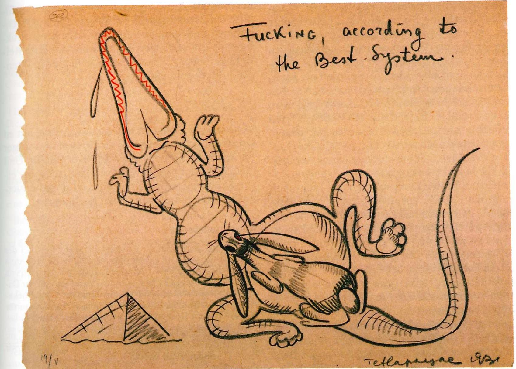 SERGEI M. EISENSTEIN, Ficken nach der Best-Methode, 19. Mai 1931, Farbstift auf Papier, exzerpiert aus Dessins Secrets. 5.M. Elsenstel  Editions du Seuil, Paris 1999 © Vladimir Alloy. Foto: Jacques Vasseur 