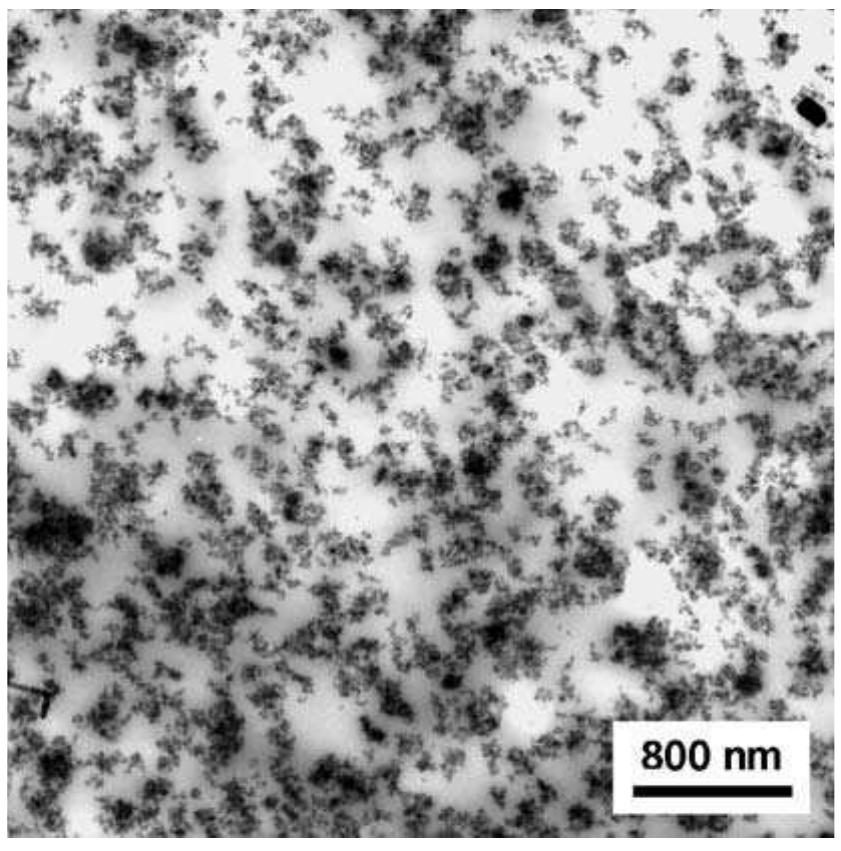 Figure 1.7 TEM micrograph of SBR loaded with 35 phr of TESPT-modified silica  In particular, for the SBR compound filled with silica a sequence of different image filters was selected and optimised to discriminate exactly the filler particles from the elastomer matrix. Each of them has its own function: i) to soften the image by eliminating high- frequency information using a Gaussian function. This has the effect of smoothing all the grey tones; ii) to enhance fine details, e.g., the filler aggregates; iii) to reduce the 