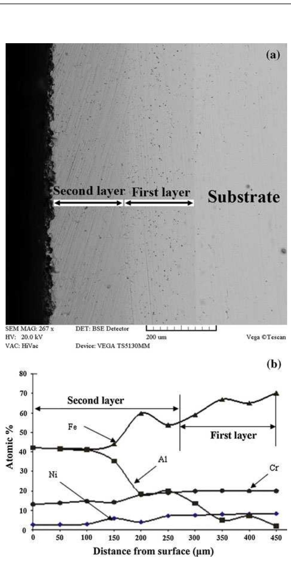 Sem cross-section micrograph of aluminized sample (a) and