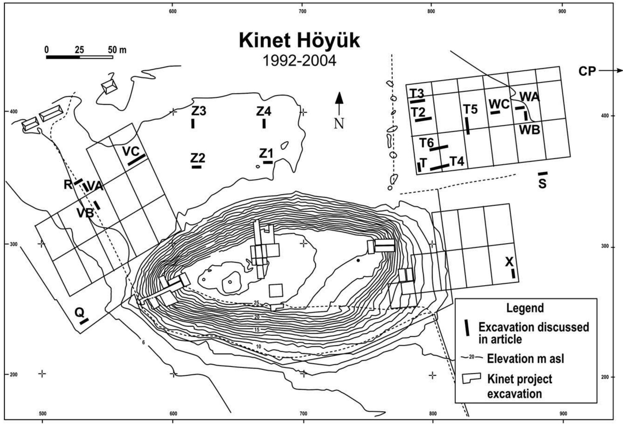 Fig. 2. Topographic map of the study area with excavation units.  The study region includes the drainage basins and foothills of the Amanos Mountains and alluvial piedmont plain (Figs. 1 and 2). This Mediterranean coastal zone climbs from its narrow plain to a steep mountainous region with more than 2200 m of regional relief within 40 km of the study site (Erol, 1991). Miilazimoglu (1979) described the initial formation here of coalescing alluvial fans, forming a piedmont along the sinking front. The alluvial plain has aggraded for at least  A vast literature exists on human impacts on soil erosion in the Eastern Mediterranean (Butzer, 2005). The first commentators about 