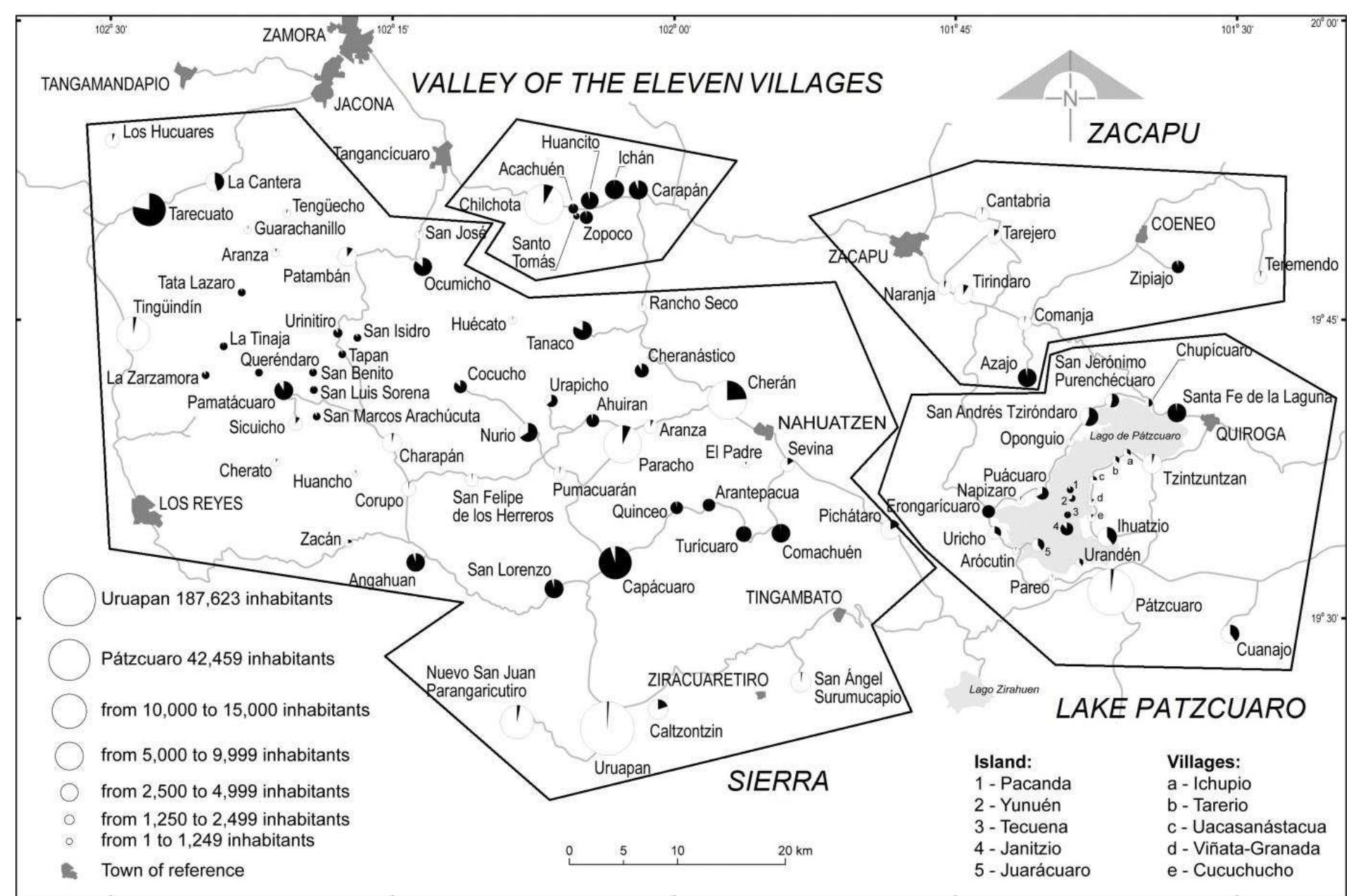 Map 1. Geographical distribution of the villages and the percentage of Purepecha speakers  The area as a whole includes 80 villages, divided into 21 municipalities (see Map 1). In the  census of 2000, Purepecha had 121,409 speakers, of which monolingual. Among the bi  49.8%. Thi are 37.5%  male and 62.5%  The rest are distributed be  notably M  1995) is -1.7%. This negati  context of  language, Spanish.  female. About 70% of the speakers live i  15,298 (12.7%  ingual speakers the ratio of female to male speakers was 5 Ss near-equivalence does not hold for the distribution of m  onolingual speake  n the state of Michoacan. tween the United States and some other regions of the country  exico City, Guadalajara, and Tijuana. The language vitality index (Smit  were 2% to rs, who  n  ~  h-Stark  ve index shows that the language is less used by children family communication. Consequently, Purepecha is often replaced by the dominant  in the  