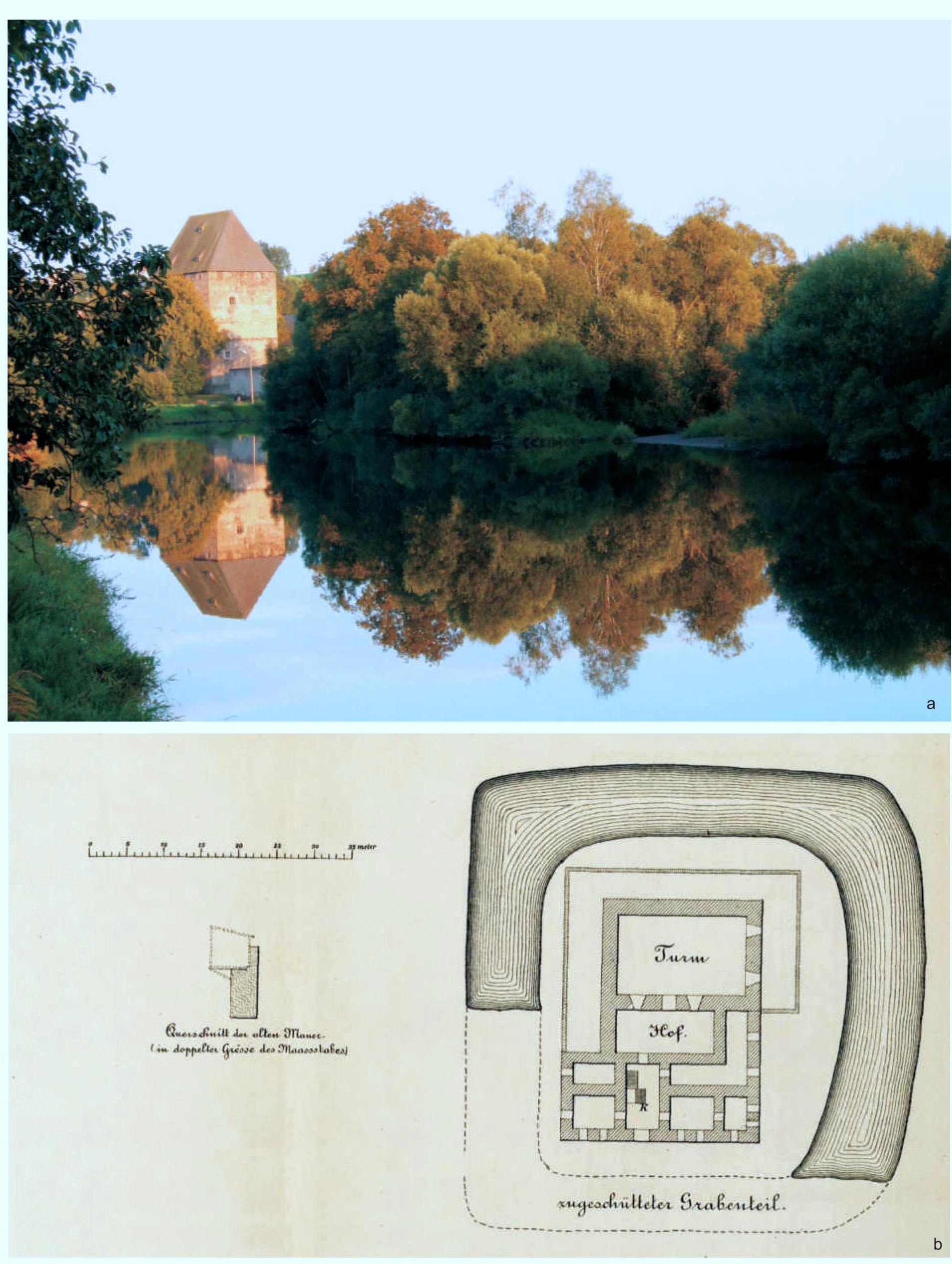 Fig. 1. The 14" c. ducal tower in Siedlecin, Jelenia Gora county: a — view from the North-West, from the Bobr river (after Nocuri 2012); b — the oldest known plan (simplified) of Siedlecin tower (after Klose 1888, Taf: 1). Right — Tower (Turm) with surroundings, including remains of the  enclosure wall and the moat; Left — cross-section of the medieval enclosure wall with a parapet walk (dismantled in 1840s) (scale at the cross- section is doubled). 