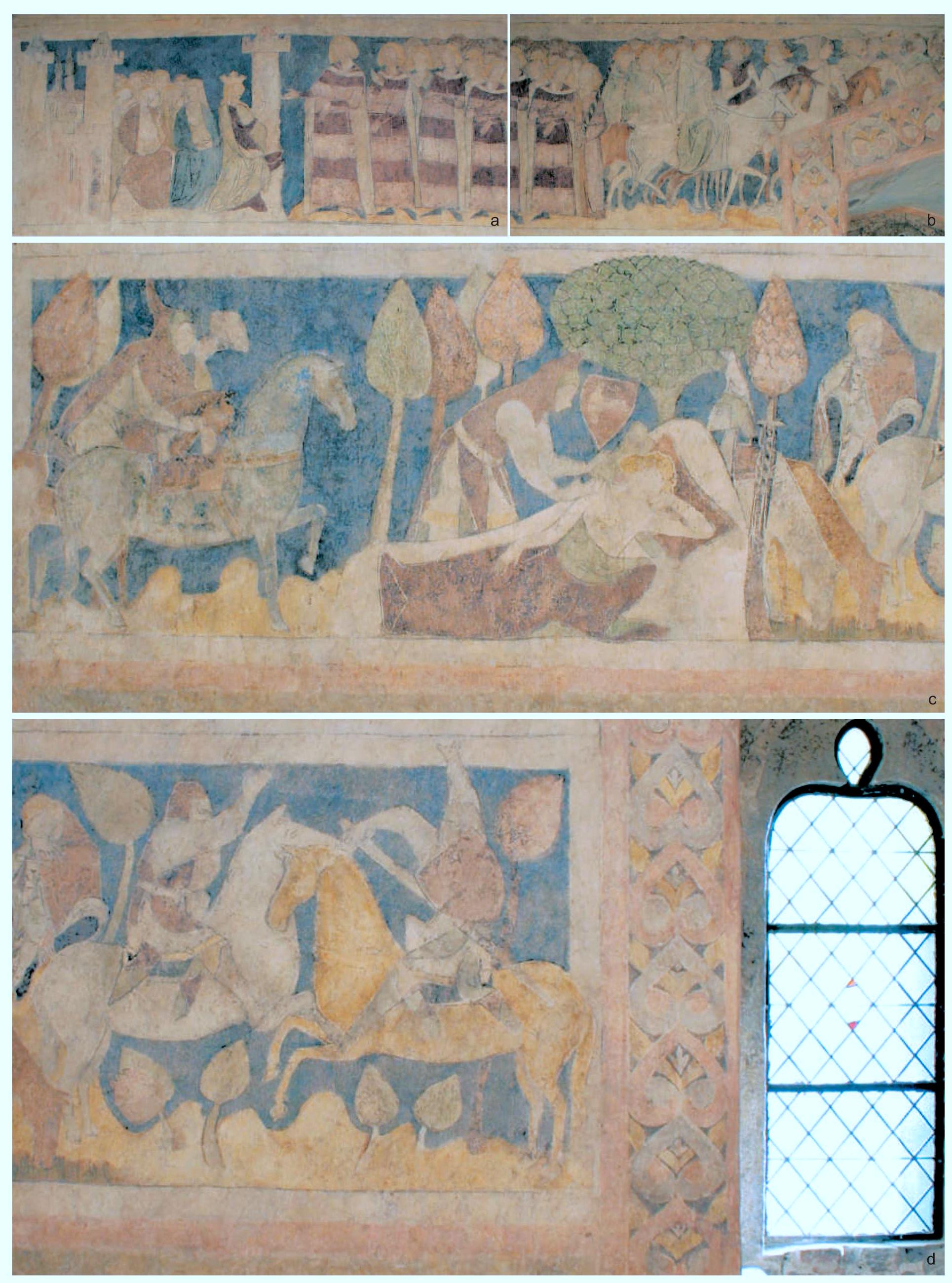 Fig. 2. The story of Sir Lancelot of the Lake, Siedlecin murals, Southern wall, early 14" c.: a— the Castle of Camelot, Queen Guinevere with her court; b — Maleagant’s abduction of Guinevere; c — Lionel riding a horse, Lancelot sleeping under the apple tree, Lionel falling asleep on guard; d—Lancelot fighting with Tarquyn. Photo by P. Nocun. 