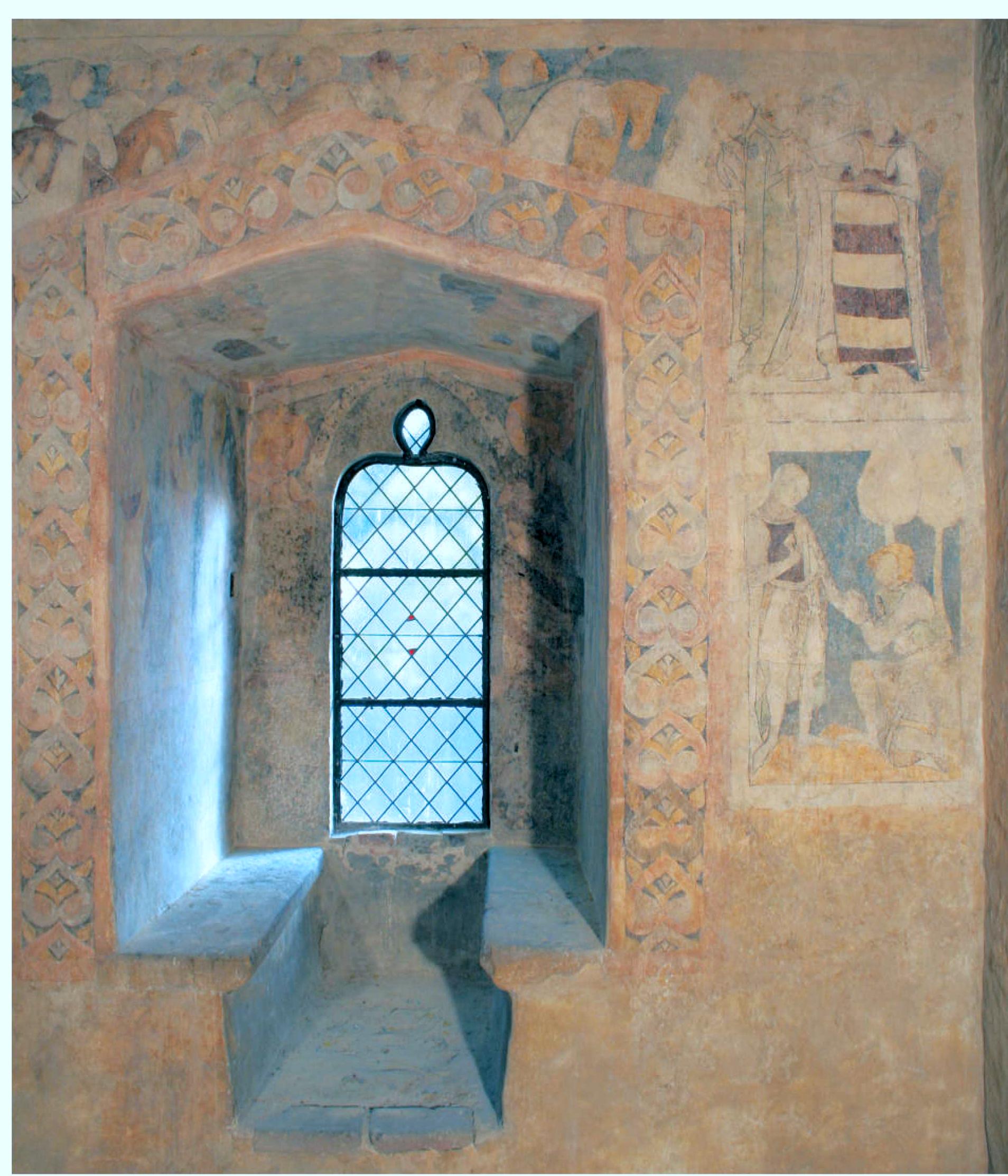Fig. 3. The story of Sir Lancelot of the Lake, Siedlecin murals, Southern wall, early 14" c.: upper register: Lancelot rescuing Guinevere; the two lovers holding their left hands; lower register: a knight (probably Kay) asking Lancelot’s forgiveness. Photo by P. Nocun. 