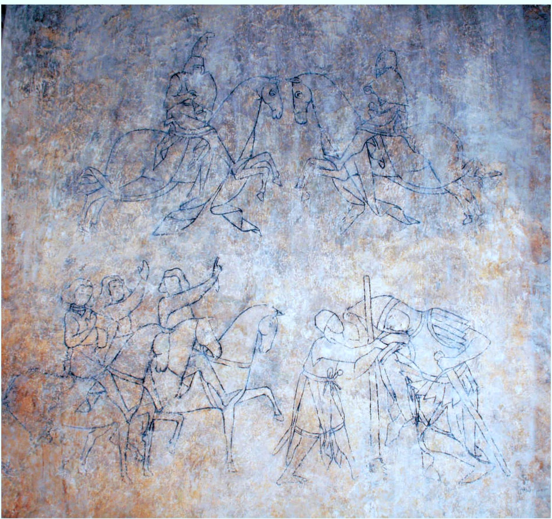 Fig. 4. The story of Sir Lancelot of the Lake, Siedlecin murals, Southern wall, early 14" c.: Lancelot fighting with Sagramour; Lancelot healing Urry de Hongre. Photo by L. Marek. 