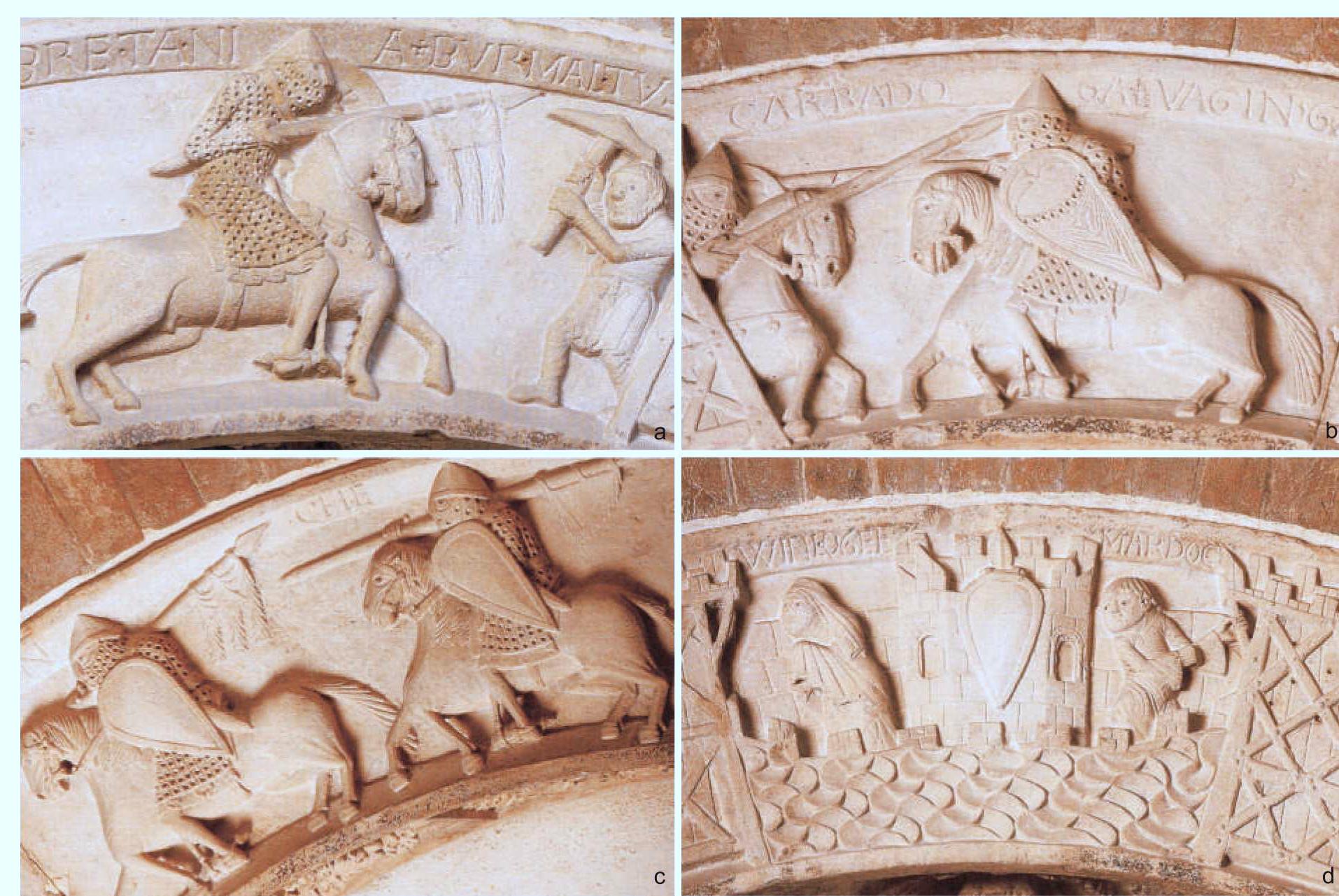 Fig. 5. Porta della Pescheria. Modena Cathedral, ca 1100, arms and armour in scenes showing: a — Artus de Bretania; b — Galvano; c — Galvariun and Che; d—Winlogee (after http://keespopinga. blogspot.com/p/artu-in-italia.html). 