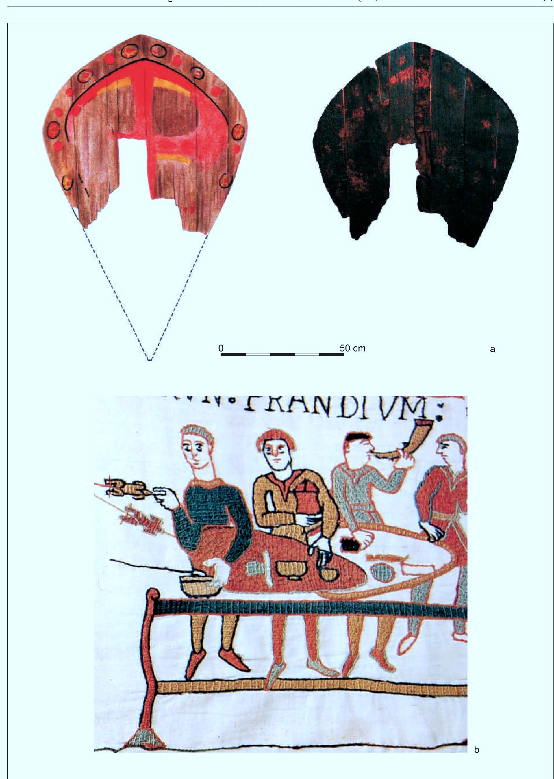 Fig. 6. Kite-shaped shields: a — Szczecin, Poland, late 12" c. (after Glosek, Uciechowska-Gawron 2011); b — as an improvised table, Bayeux Tapestry, late 11" c. (after Wilson 2004, 47). 