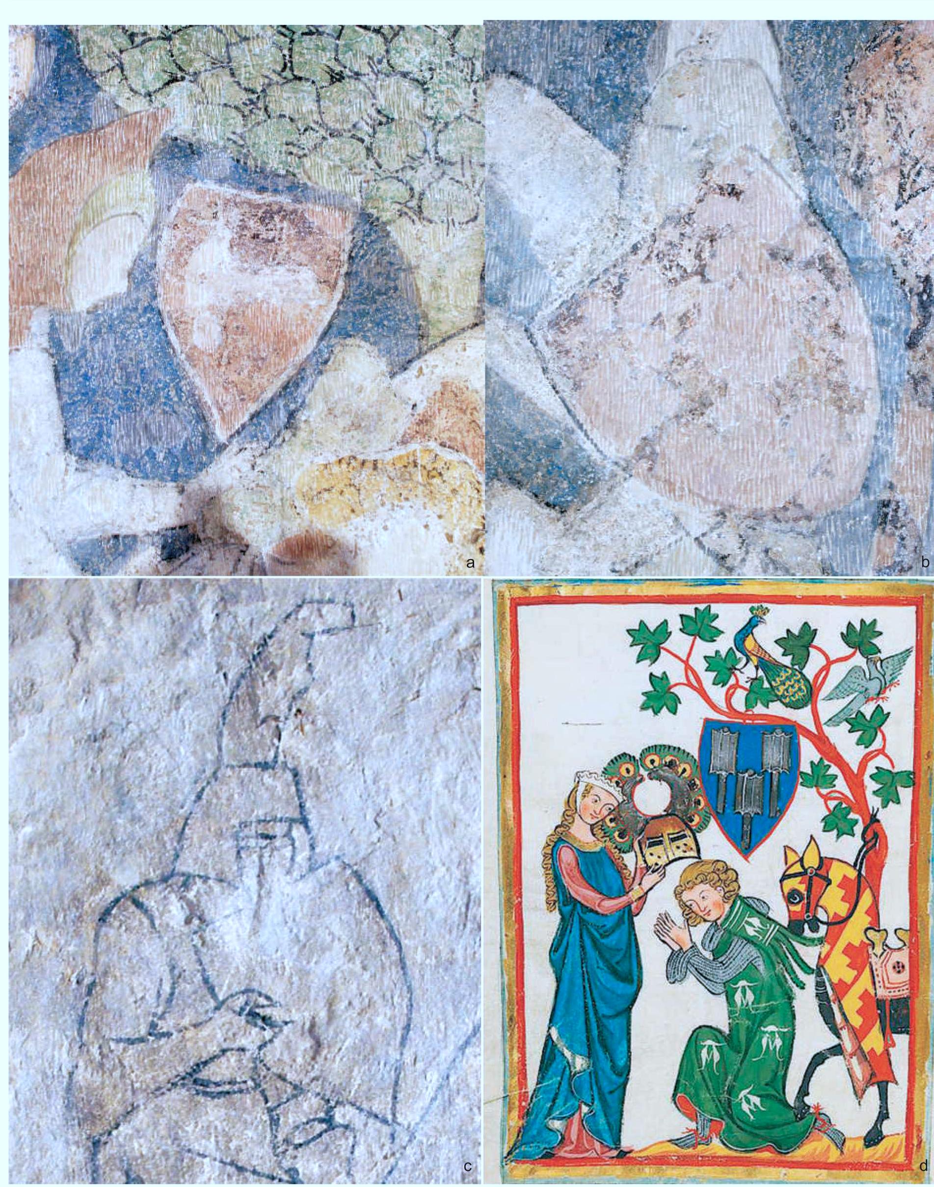 Fig. 7. Shields of Manesse type, early 14" c.: a-c — Siedlecin murals (photo by L. Marek); d— Codex Manesse, sygn. Cpg 848, University Library, Heidelberg, p. 82v (after http://digi.ub.uni-heidelberg.de). 